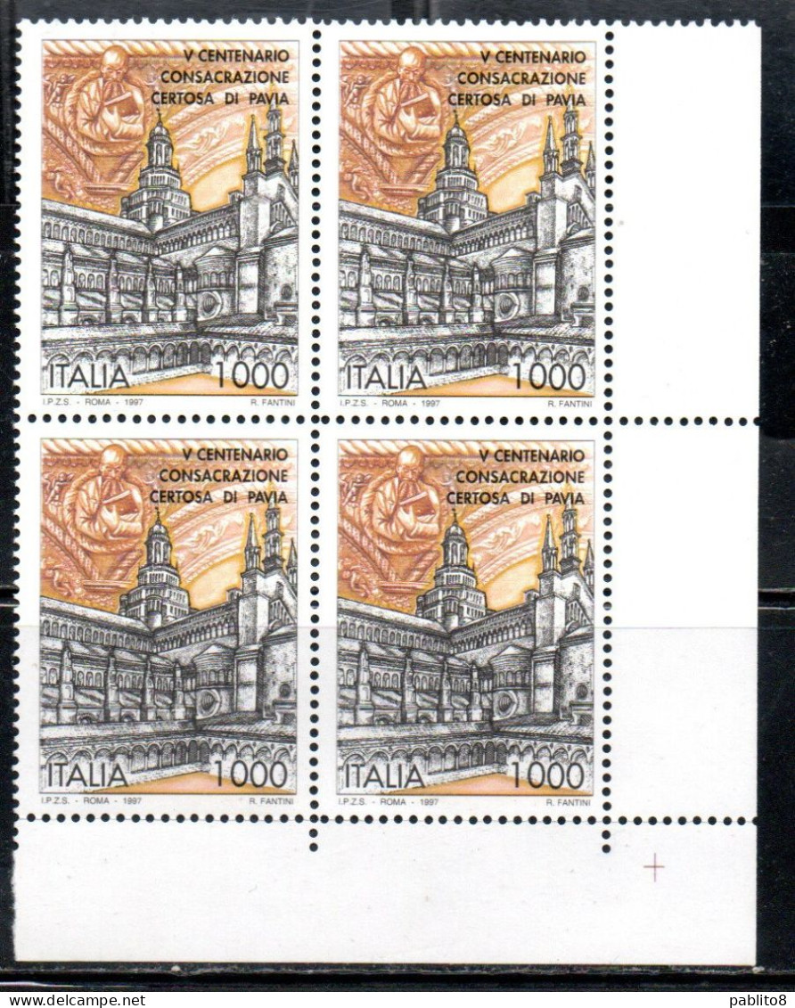 ITALIA REPUBBLICA ITALY REPUBLIC 1997 CONSACRAZIONE DELLA CHIESA CERTOSA DI PAVIA QUARTINA ANGOLO DI FOGLIO BLOCK MNH - 1991-00: Neufs