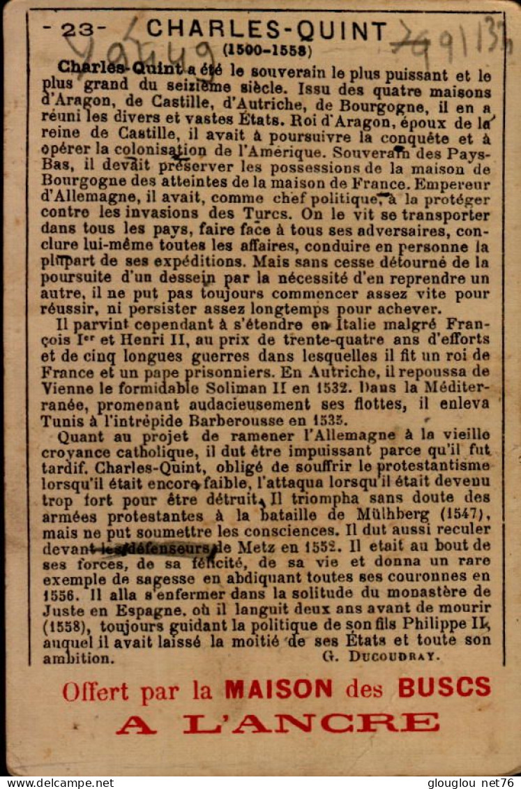 CHROMO...OFFERT PAR LA MAISON DES BUSCS A L'ANGRES.....CHARLES-QUINT - Artis Historia