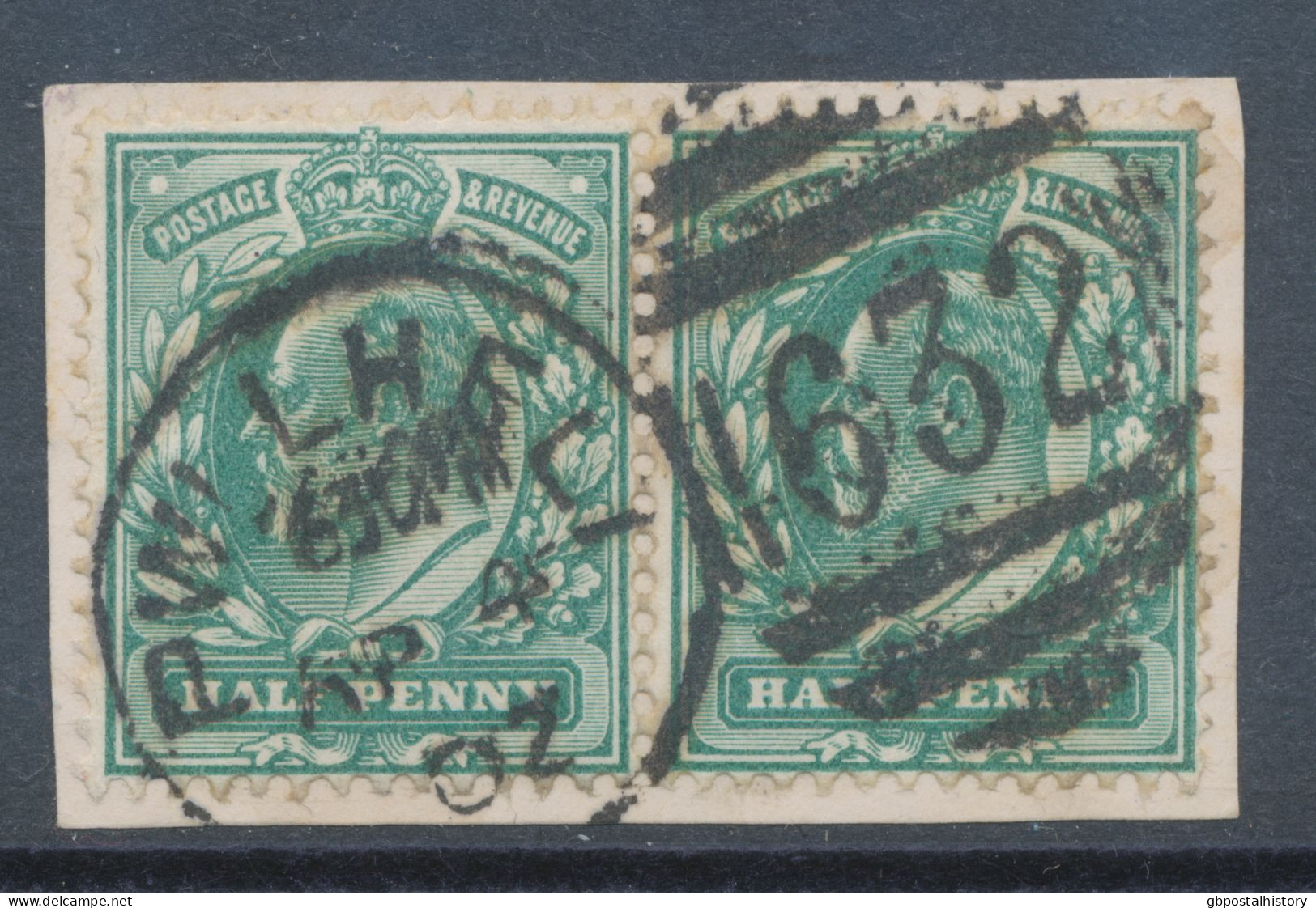 GB EVII ½d Blue-green (pair) VFU On Piece With Duplex „PWLLHELI / 632“, Caernarfonshire, Wales (3VOD, Time In Full 630PM - Used Stamps