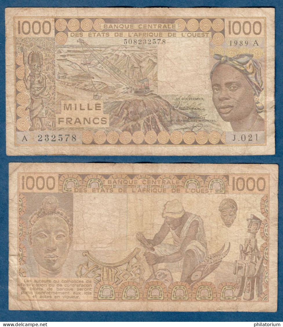 1000 Francs CFA, 1989 A, Côte D' Ivoire, J.021, A 232578, Oberthur, P#_07, Banque Centrale États De L'Afrique De L'Ouest - West African States