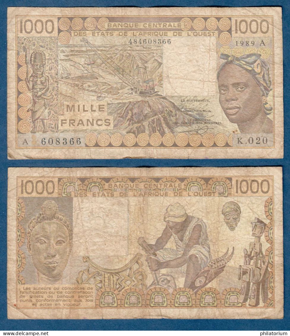 1000 Francs CFA, 1989 A, Côte D' Ivoire, K.020, A 608366, Oberthur, P#_07, Banque Centrale États De L'Afrique De L'Ouest - Stati Dell'Africa Occidentale