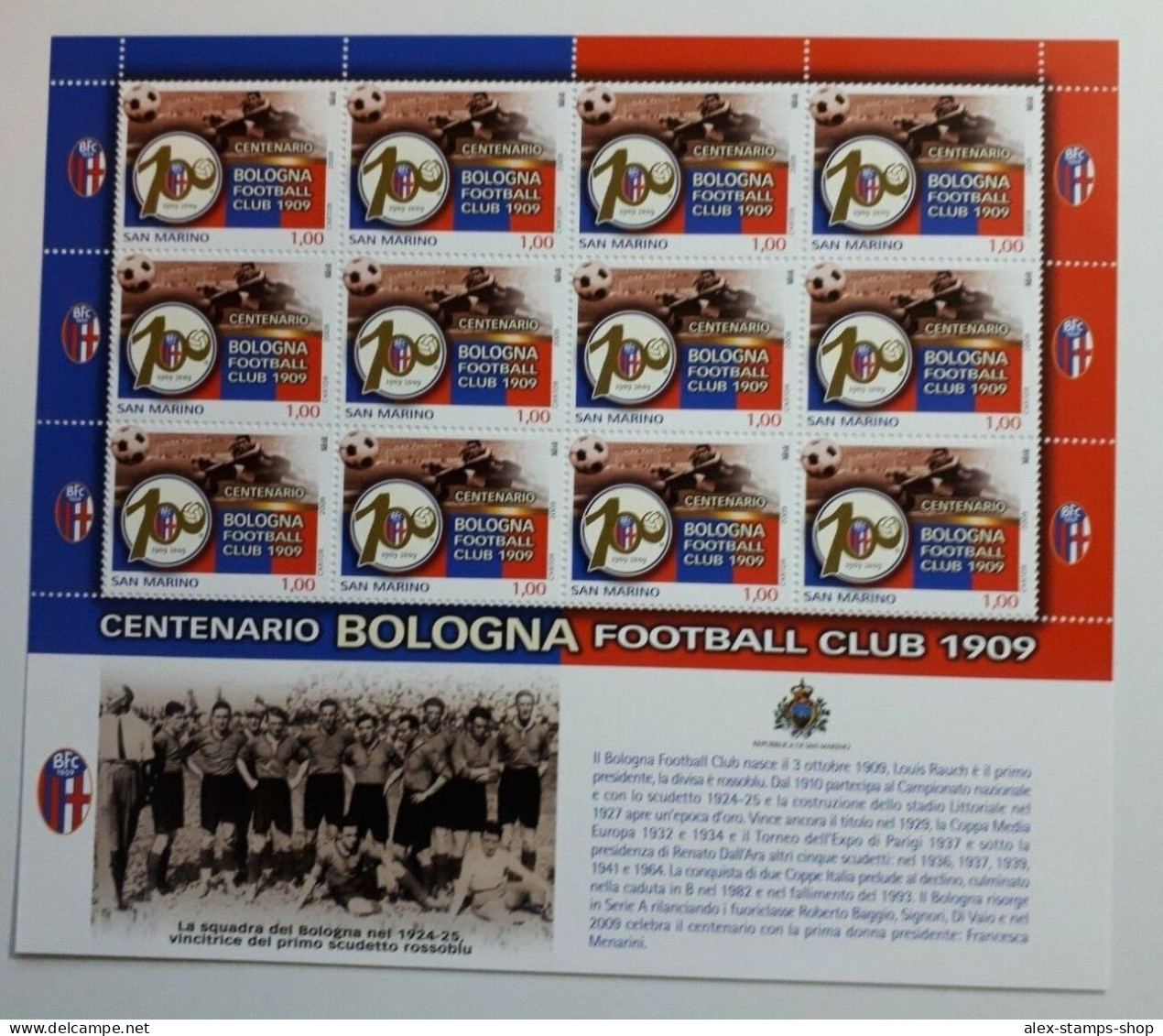 SAN MARINO 2009 MINIFOGLIO - CENTENARIO BOLOGNA FOOTBALL CLUB 1909 NEW SHEET - Blocchi & Foglietti