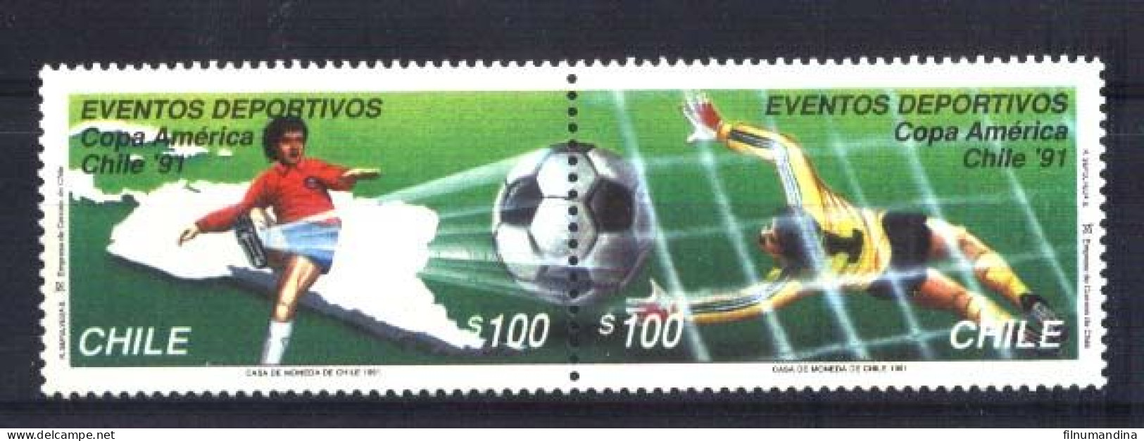 #2599 CHILE 1991 FOOTBALL FUTBOL SOCCER AMERICA CUP YV 1028-9 PAIR MNH - Soccer American Cup