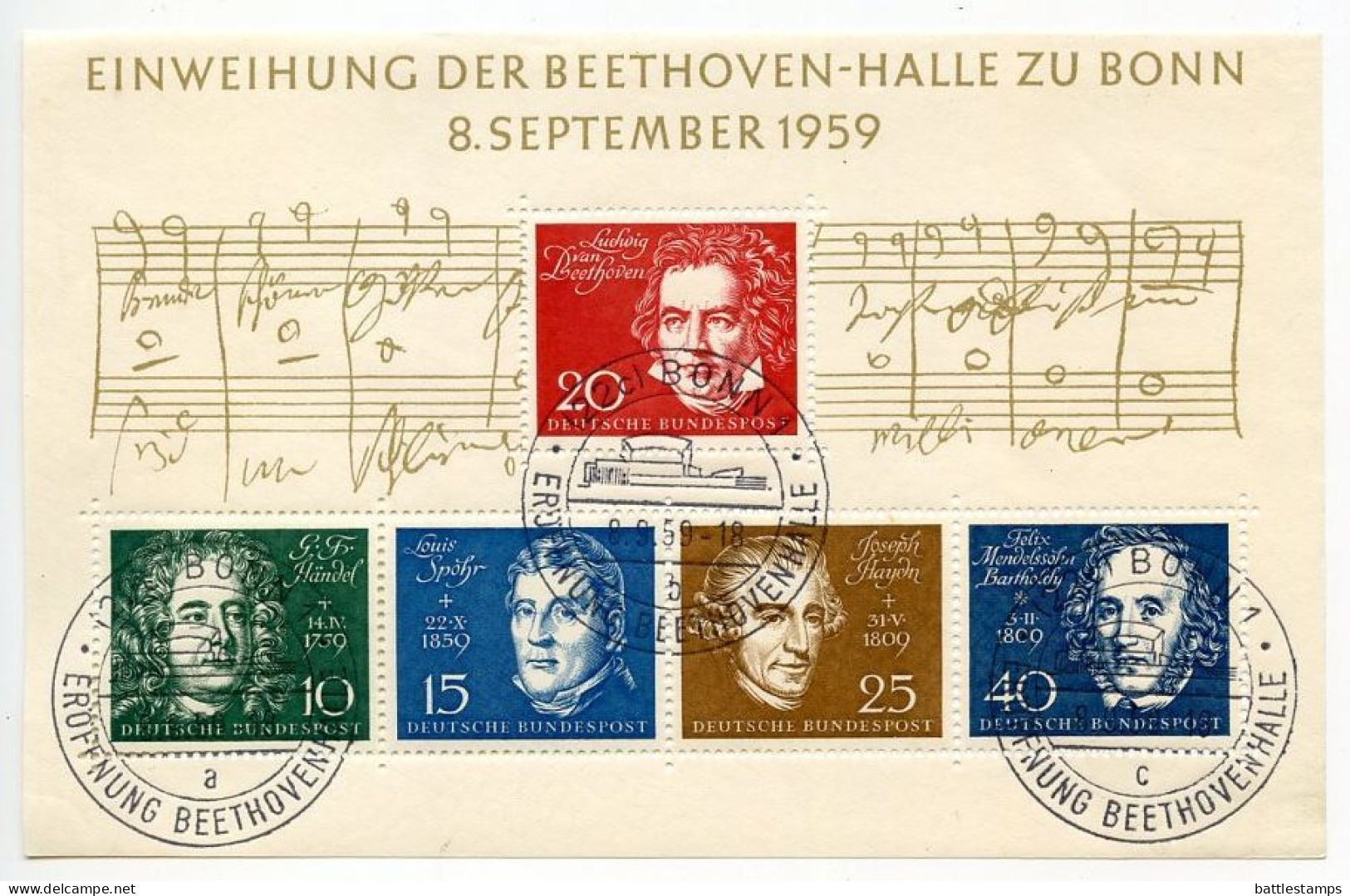 Germany, West 1959 Scott 804 Souvenir Sheet W/ First Day Cancels; Opening Of Beethoven Hall In Bonn - 1948-1960