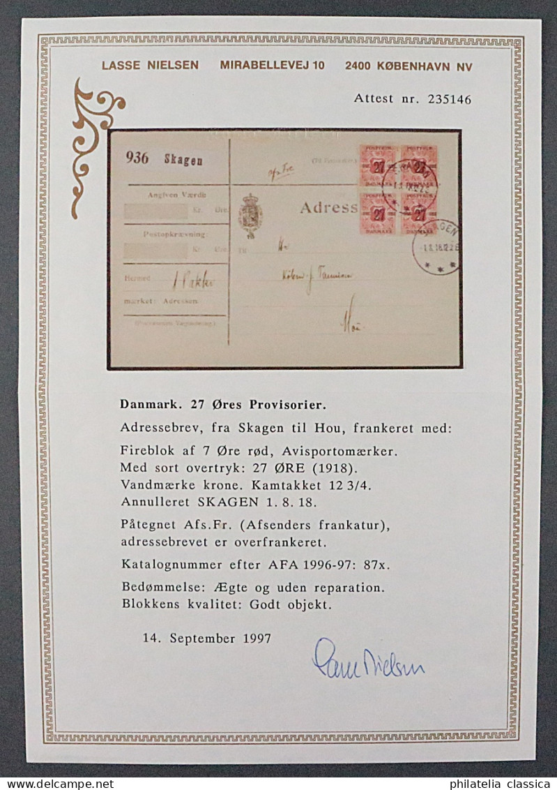 1918, DÄNEMARK 86 X VIERERBLOCK Auf Palet-Brief Wz. Krone, Fotoattest 1200,-€+++ - Covers & Documents