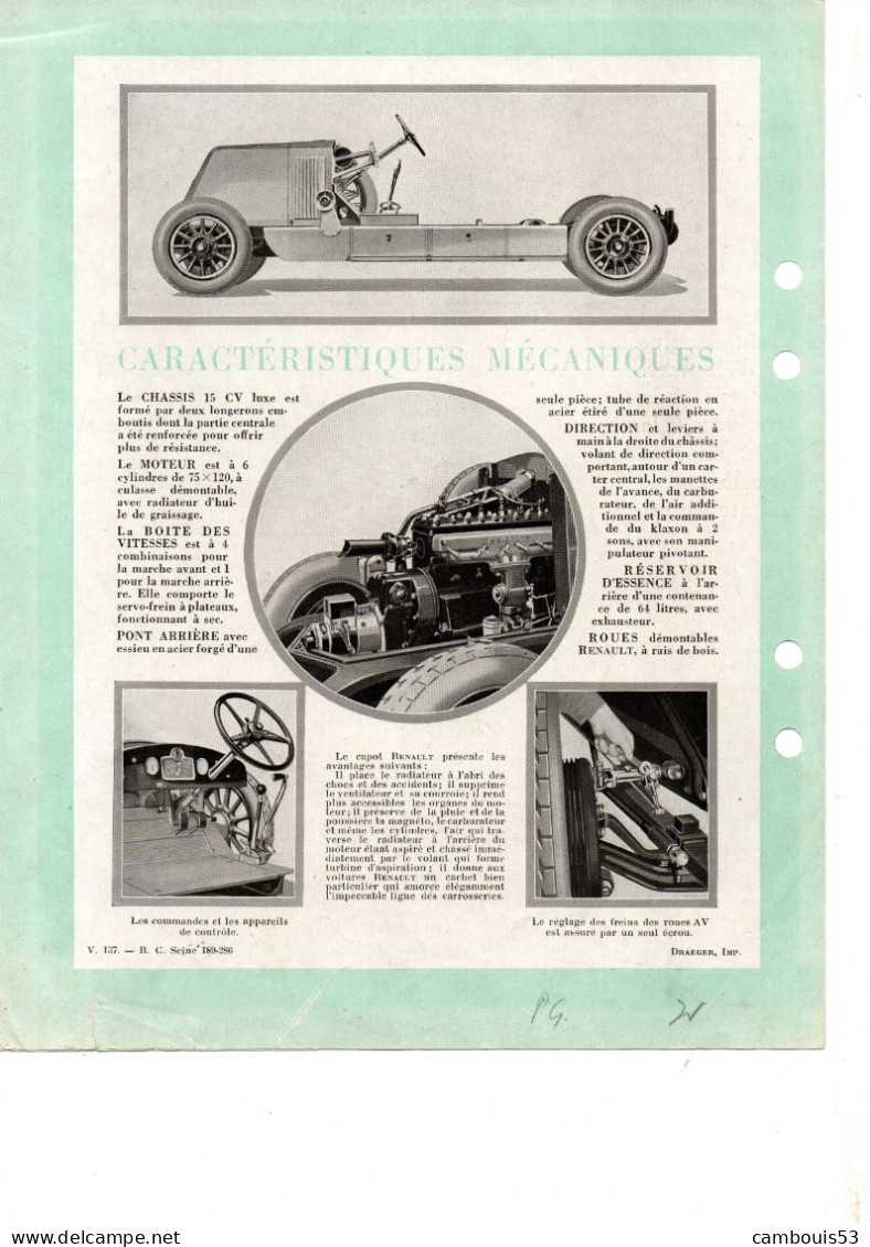 RENAULT 15 Cv 6 Cylindres Luxe Renault Catalogue 1927 Ou 1928. - Automobili