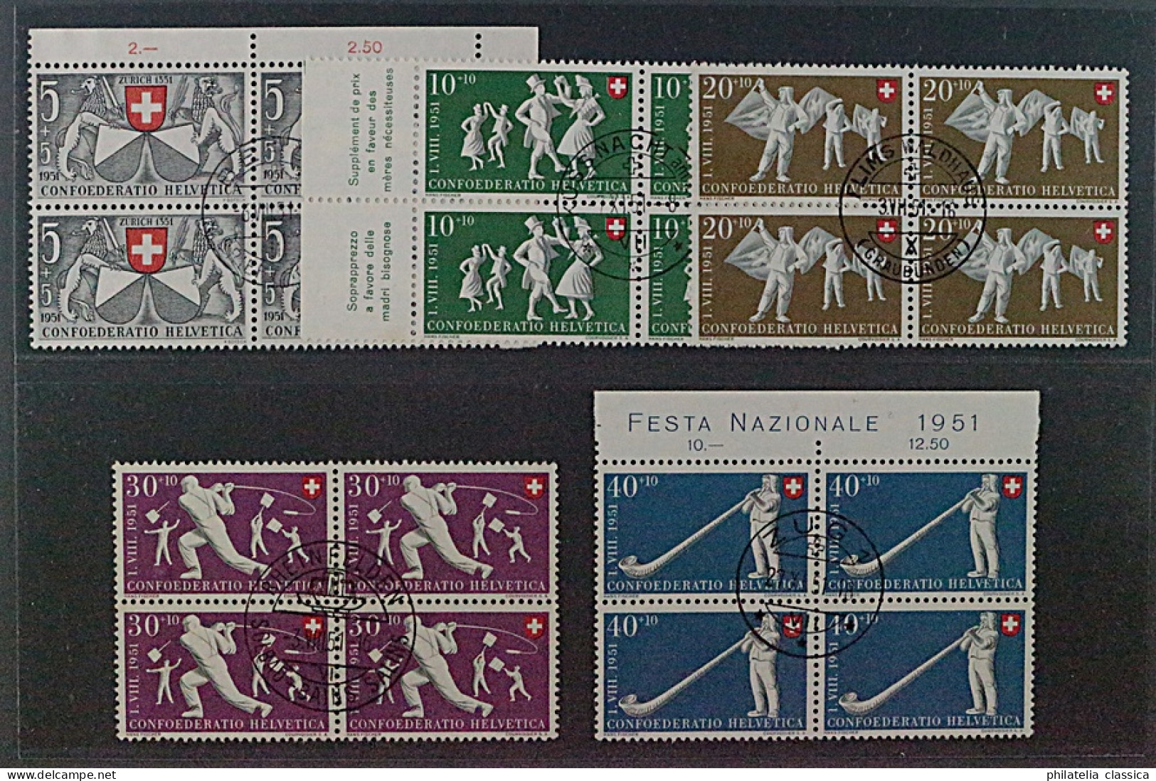 SCHWEIZ, 555-59 VIERERBLOCK Patria 1947 (SBK B51-55) Zentrum-Stempel, 240,-SFr - Used Stamps