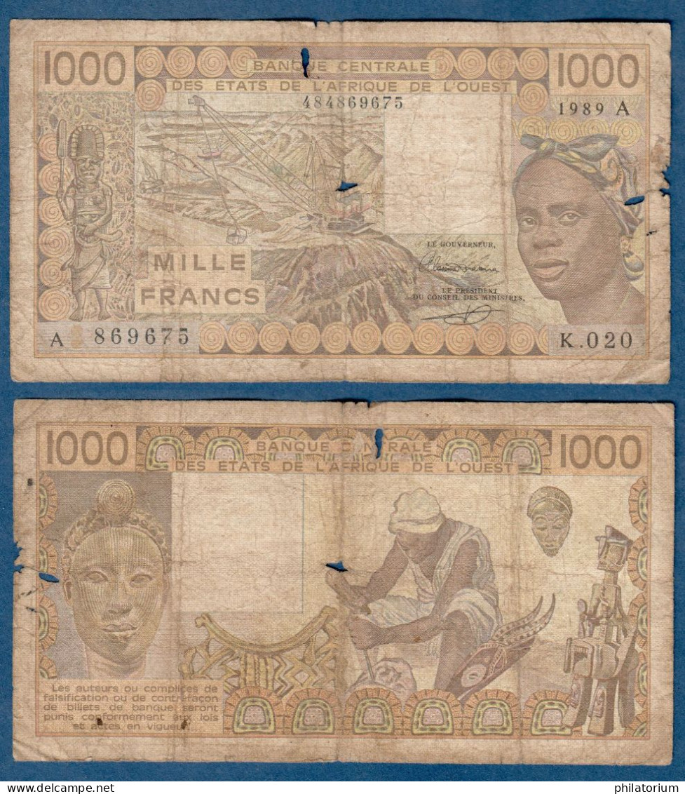 1000 Francs CFA, 1989 A, Côte D' Ivoire, K.020, A 869675, Oberthur, P#_07, Banque Centrale États De L'Afrique De L'Ouest - Estados De Africa Occidental