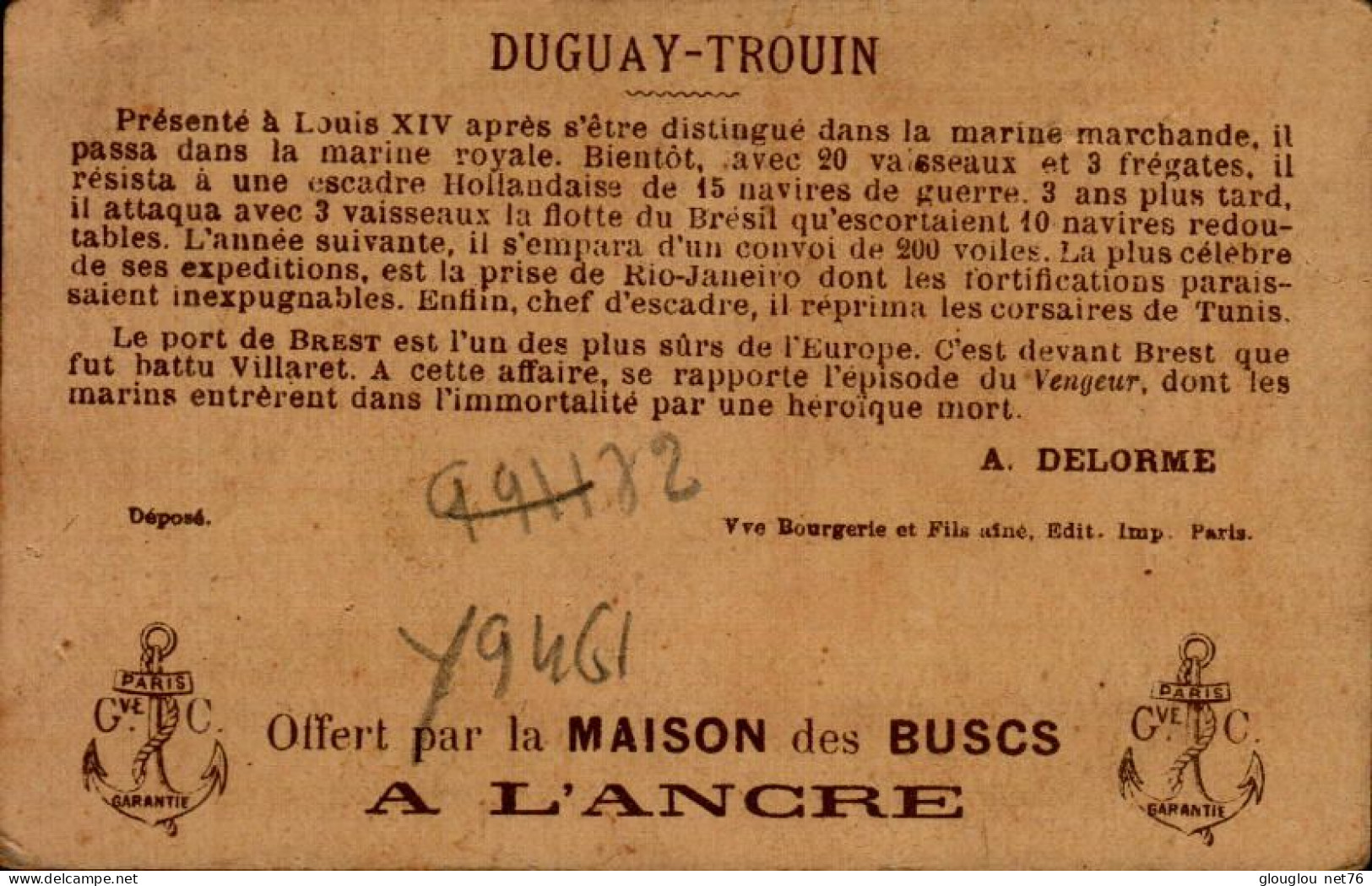 CHROMO...OFFERT PAR LA MAISON DES BUSCS A L'ANGRE...DUGUAY-TROUIN - Artis Historia