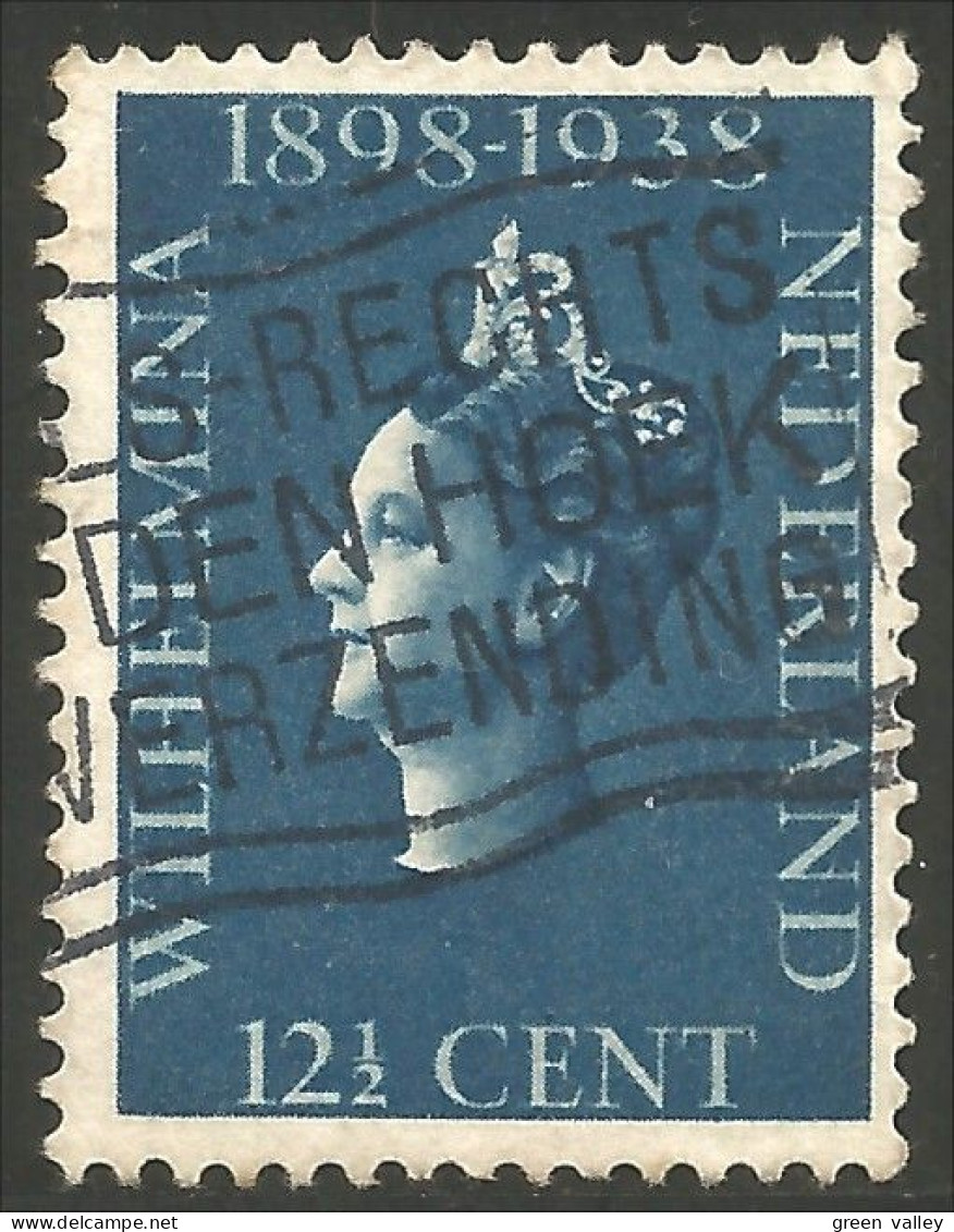 670 Netherlands 1938 Queen Wilhelmina 12 1/2 Blue Bleu (NET-10) - Used Stamps