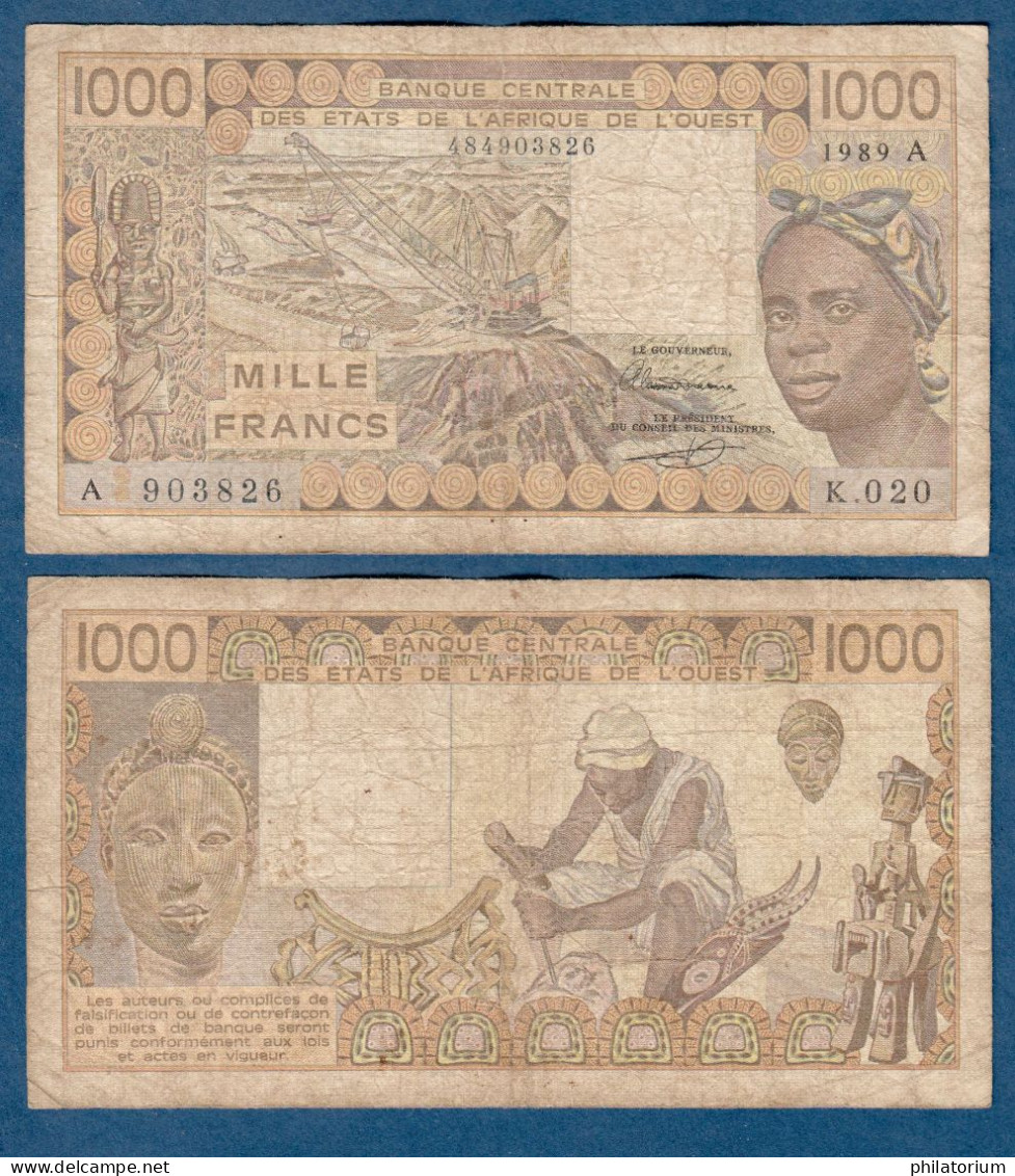 1000 Francs CFA, 1989 A, Côte D' Ivoire, K.020, A 903826, Oberthur, P#_07, Banque Centrale États De L'Afrique De L'Ouest - West-Afrikaanse Staten
