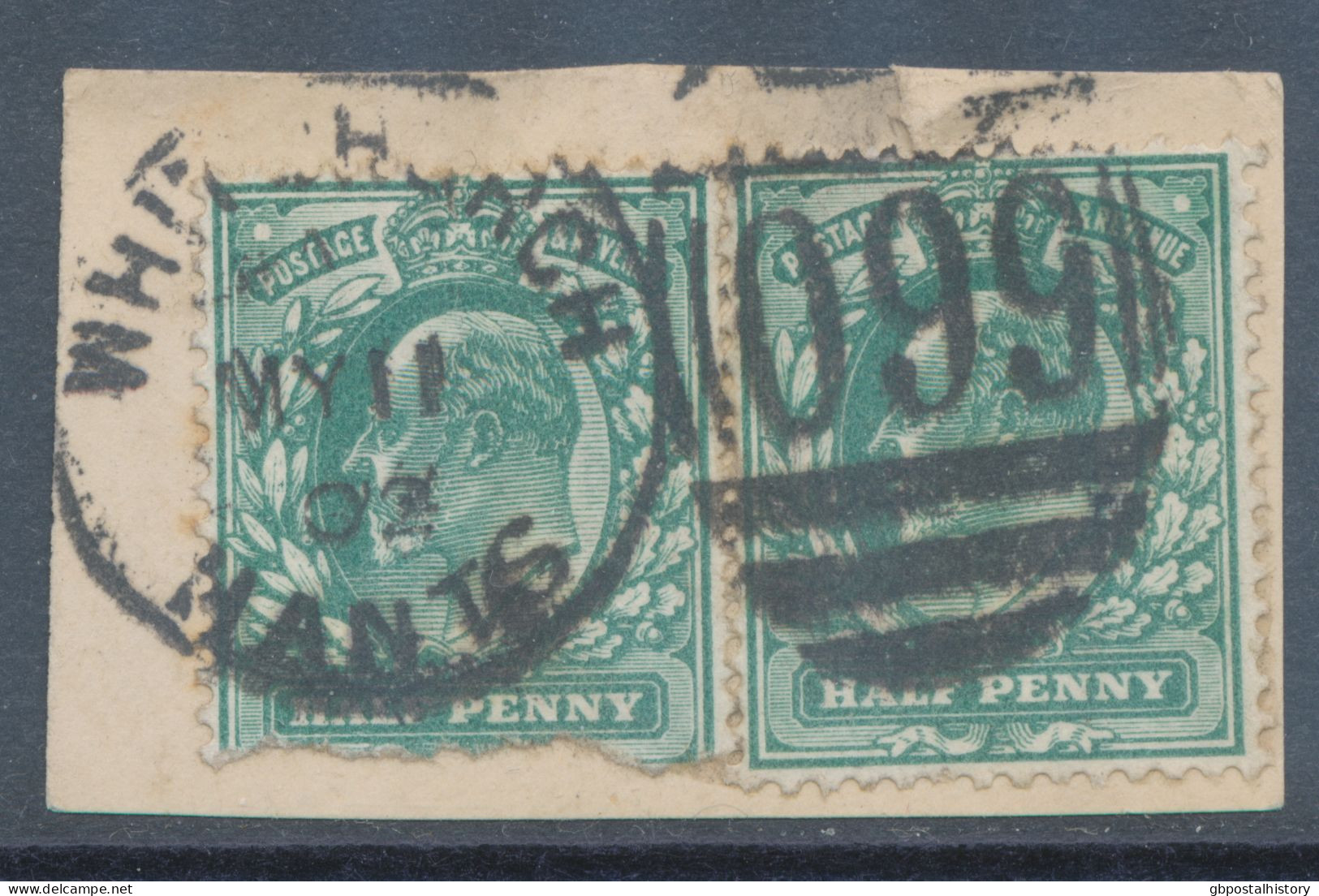 GB EVII ½d Blue-green (pair, One Damged) VFU On Piece With Duplex „WHITCHURCH / HANTS / 099“, Hampshire (3VOD, Time In C - Used Stamps