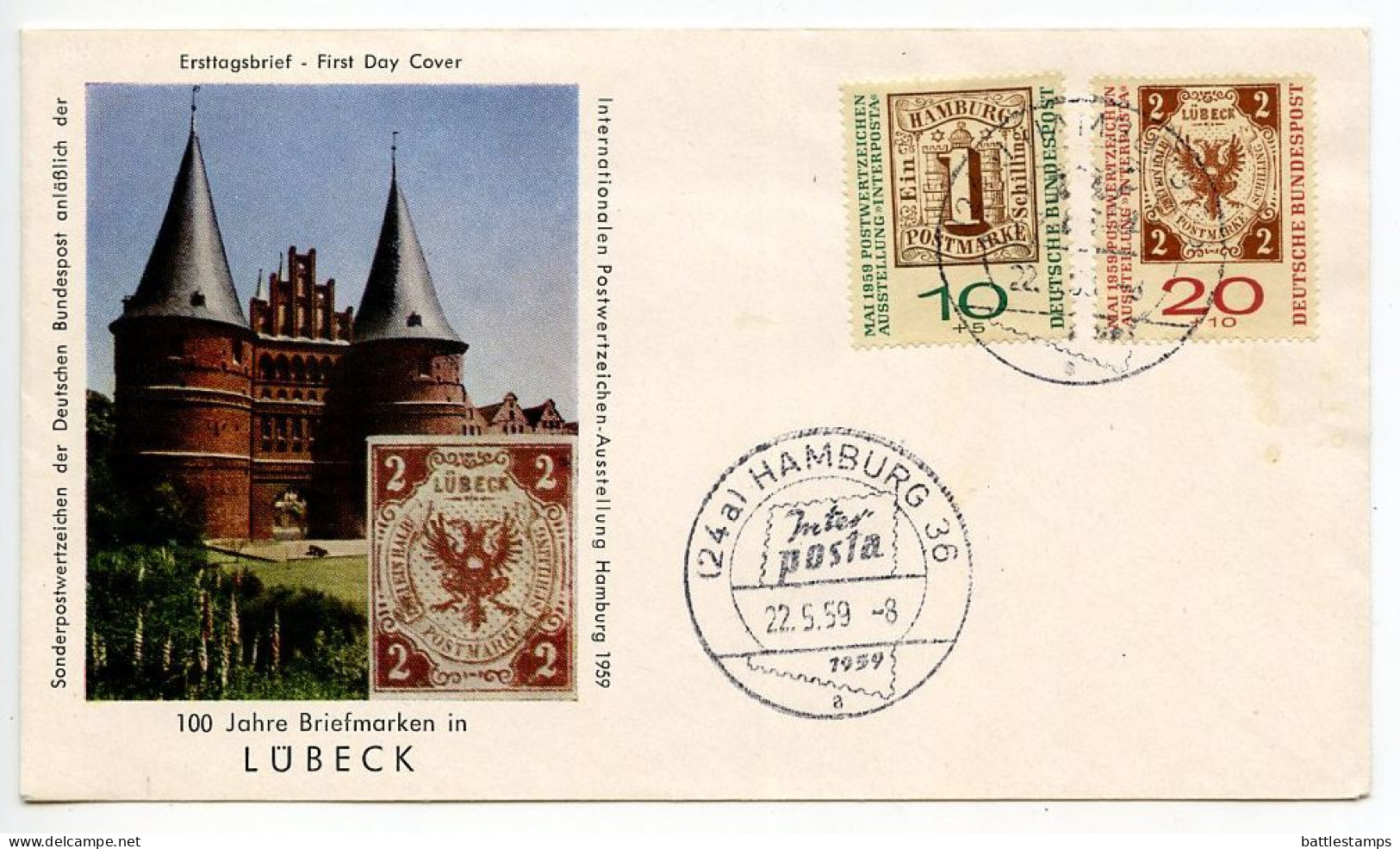 Germany, West 1959 FDC Scott B366-B367 Interposta Philatelic Exhibition In Hamburg / 1st Stamps Of Hamburg & Lübeck - 1948-1960