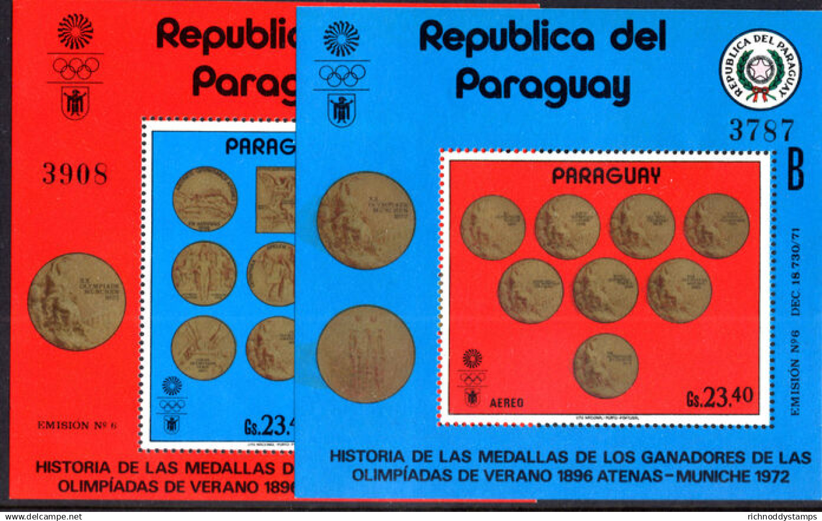 Paraguay 1972 Summer Olympics Medals Souvenir Sheet Set (folded) Unmounted Mint. - Paraguay