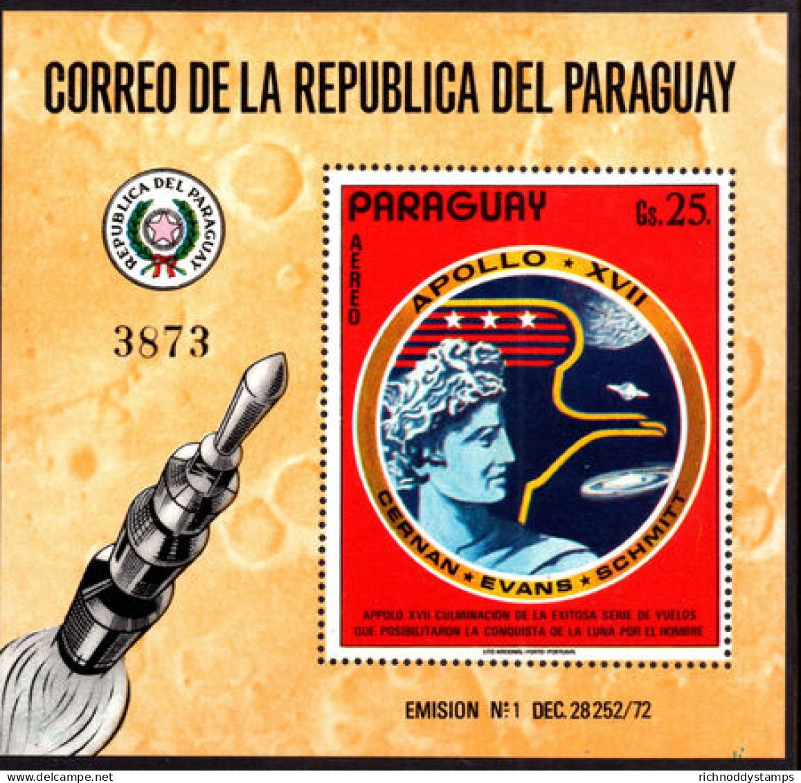 Paraguay 1973 Apollo 17 Souvenir Sheet Unmounted Mint. - Paraguay
