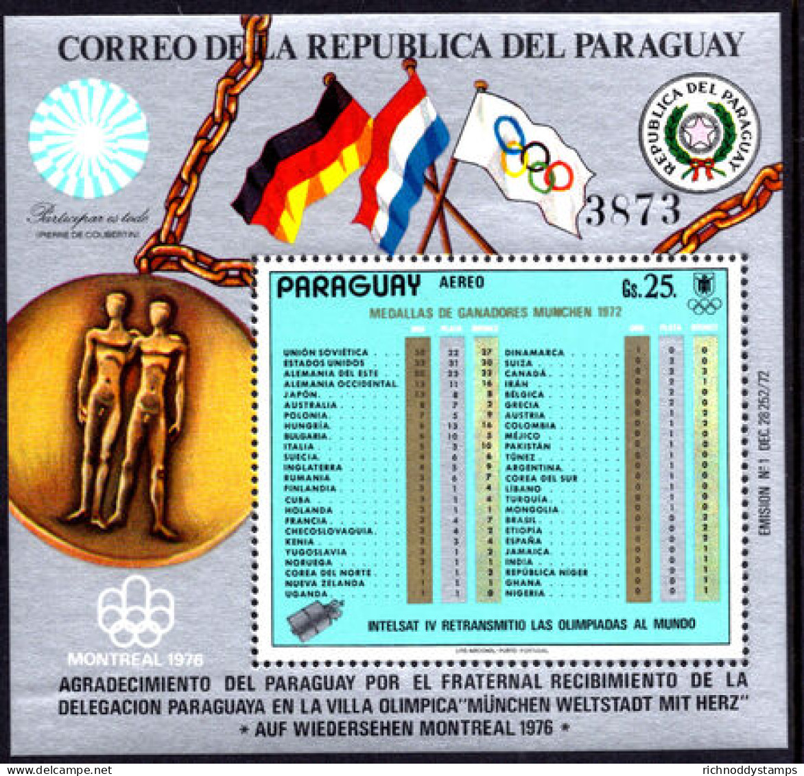 Paraguay 1973 Medal Table Of The Summer Olympic Games Souvenir Sheet Unmounted Mint. - Paraguay