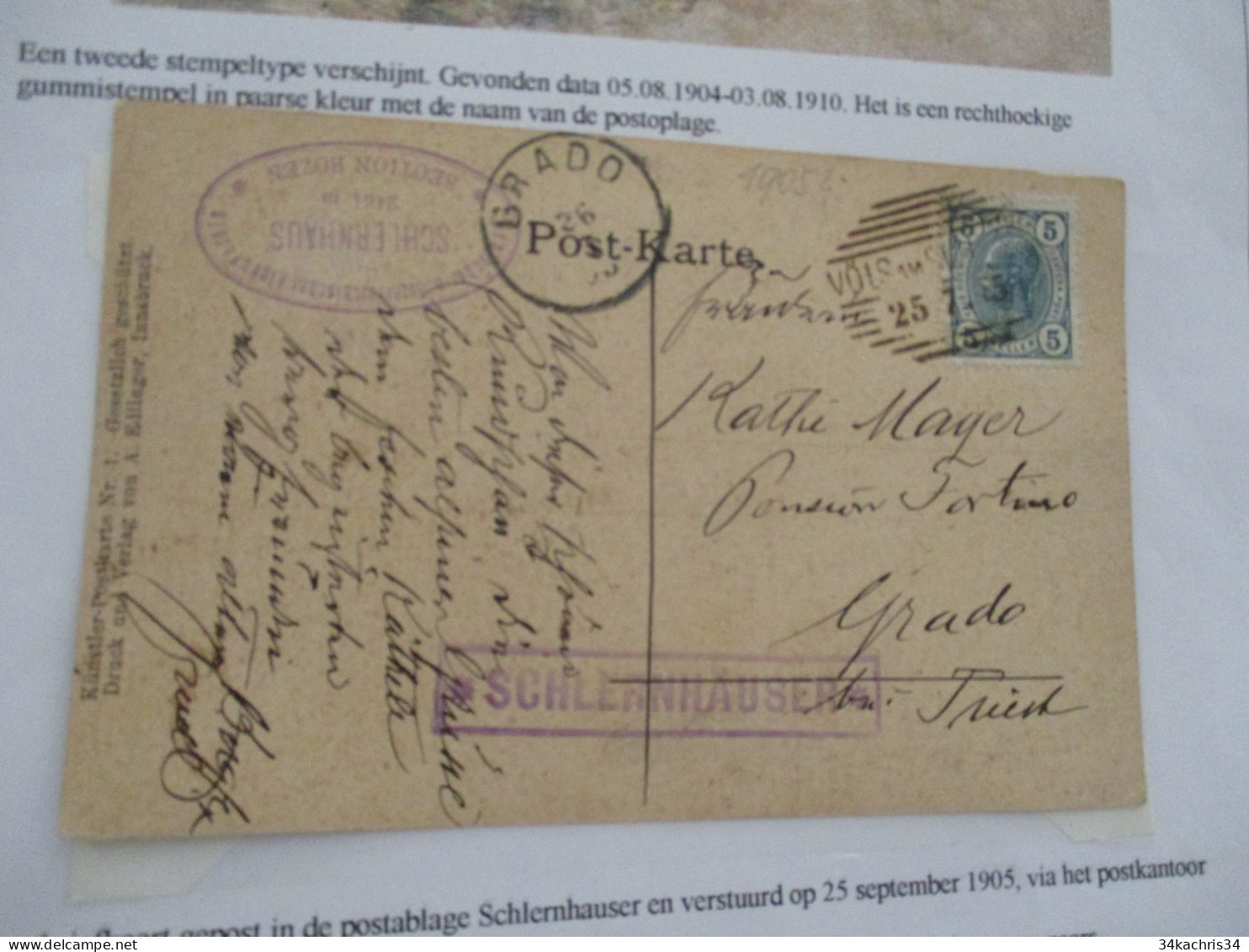 Collection Spécialisée Autriche Italie Postblagen Schlernhauser Poskantoor Völs Vers Triest Schlern 1905 - Cartas & Documentos