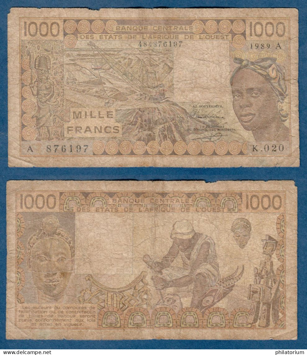 1000 Francs CFA, 1989 A, Côte D' Ivoire, K.020, A 876197, Oberthur, P#_07, Banque Centrale États De L'Afrique De L'Ouest - Estados De Africa Occidental