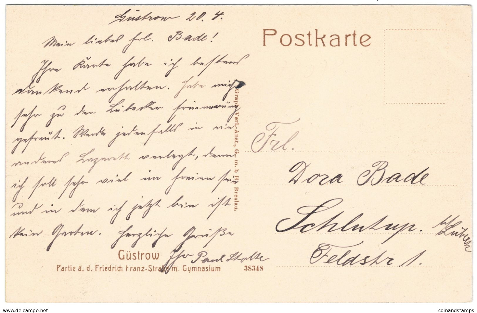 Postkarte Güstrow -Friedrich Franz Straße Mit Gymnasium, Farbig, 1905?, Beschrieben Aber Ungelaufen, I-II - Güstrow