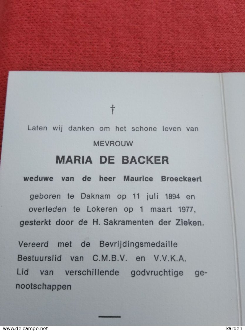 Doodsprentje Maria De Backer / Daknam 11/7/1894 Lokeren 1/3/1977 ( Maurice Broeckaert ) - Religion & Esotérisme