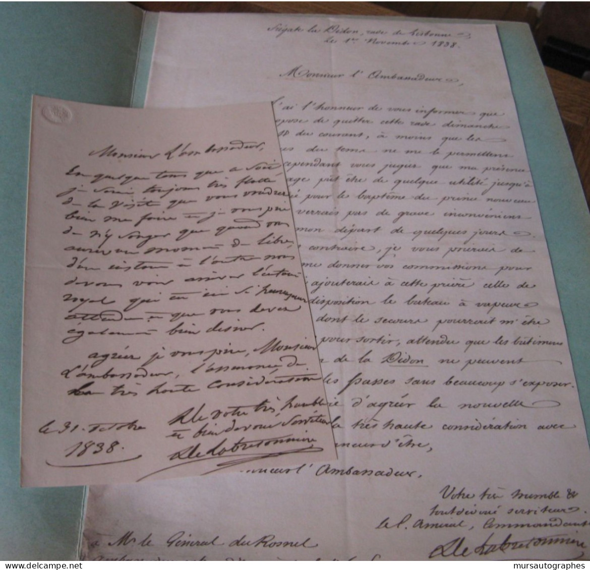 DE LA BRETONNIERE 2 X Autographe Signé 1838 OFFICIER MARINE PORTUGAL TRAFALGAR - Politiques & Militaires