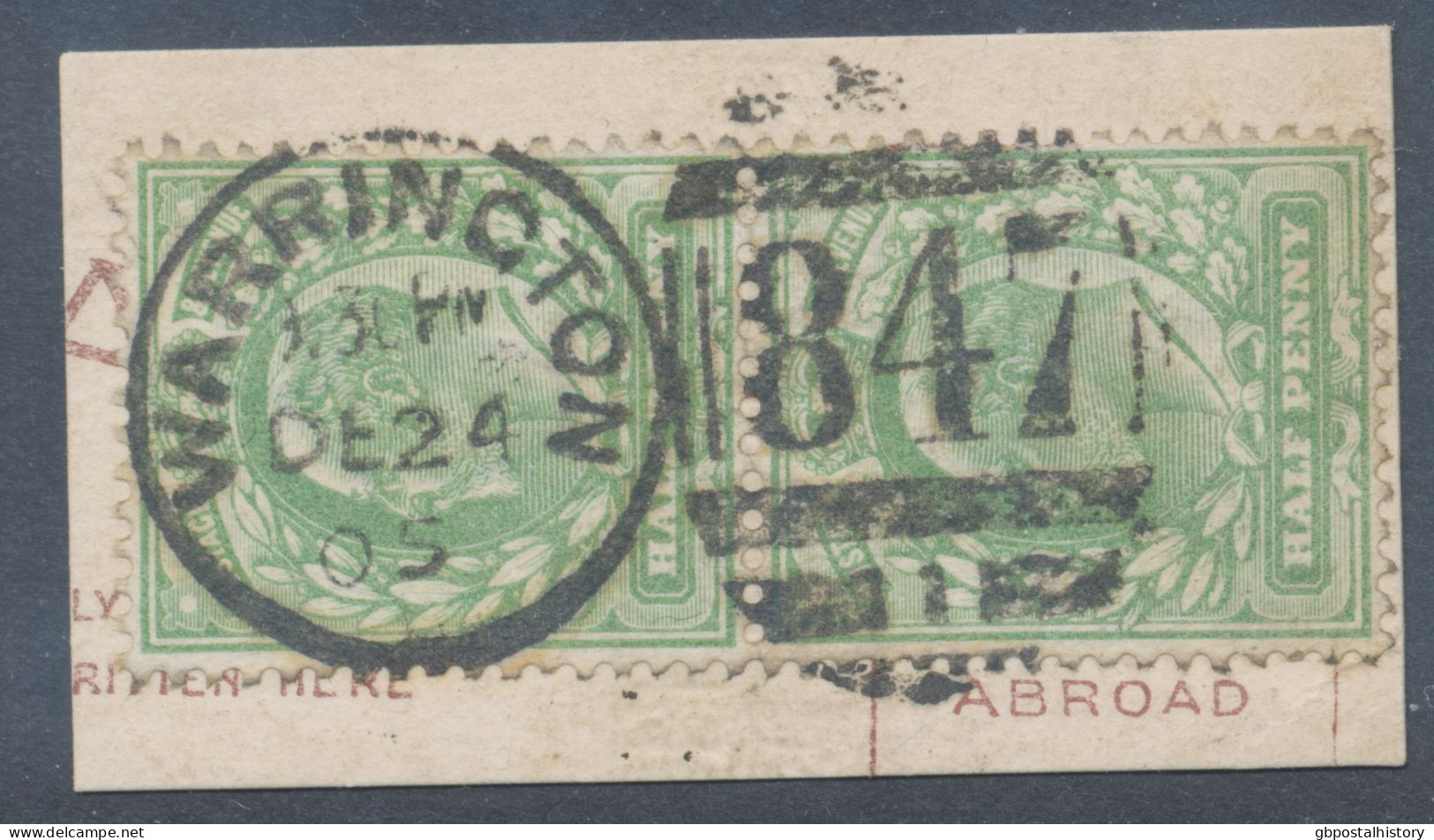 GB EVII ½d  Yellowish Green (pair) VFU On Piece With Duplex „WARRINGTON / 847 / 1“, Lancashire (3VOD1, Time In Full 9.30 - Used Stamps