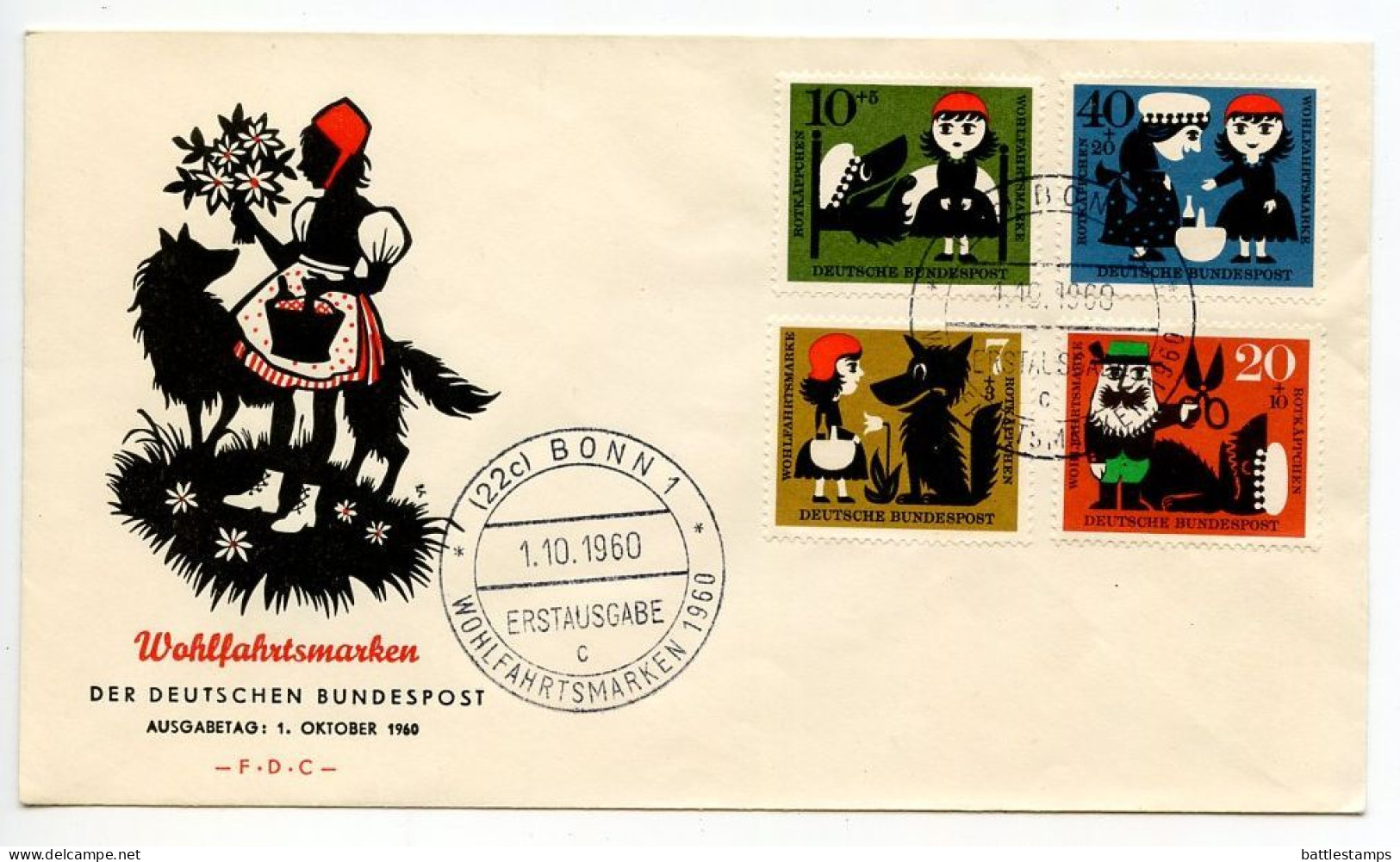 Germany, West 1960 FDC Scott B372-B375 Little Red Riding Hood & Wolf Fairy Tale - 1948-1960