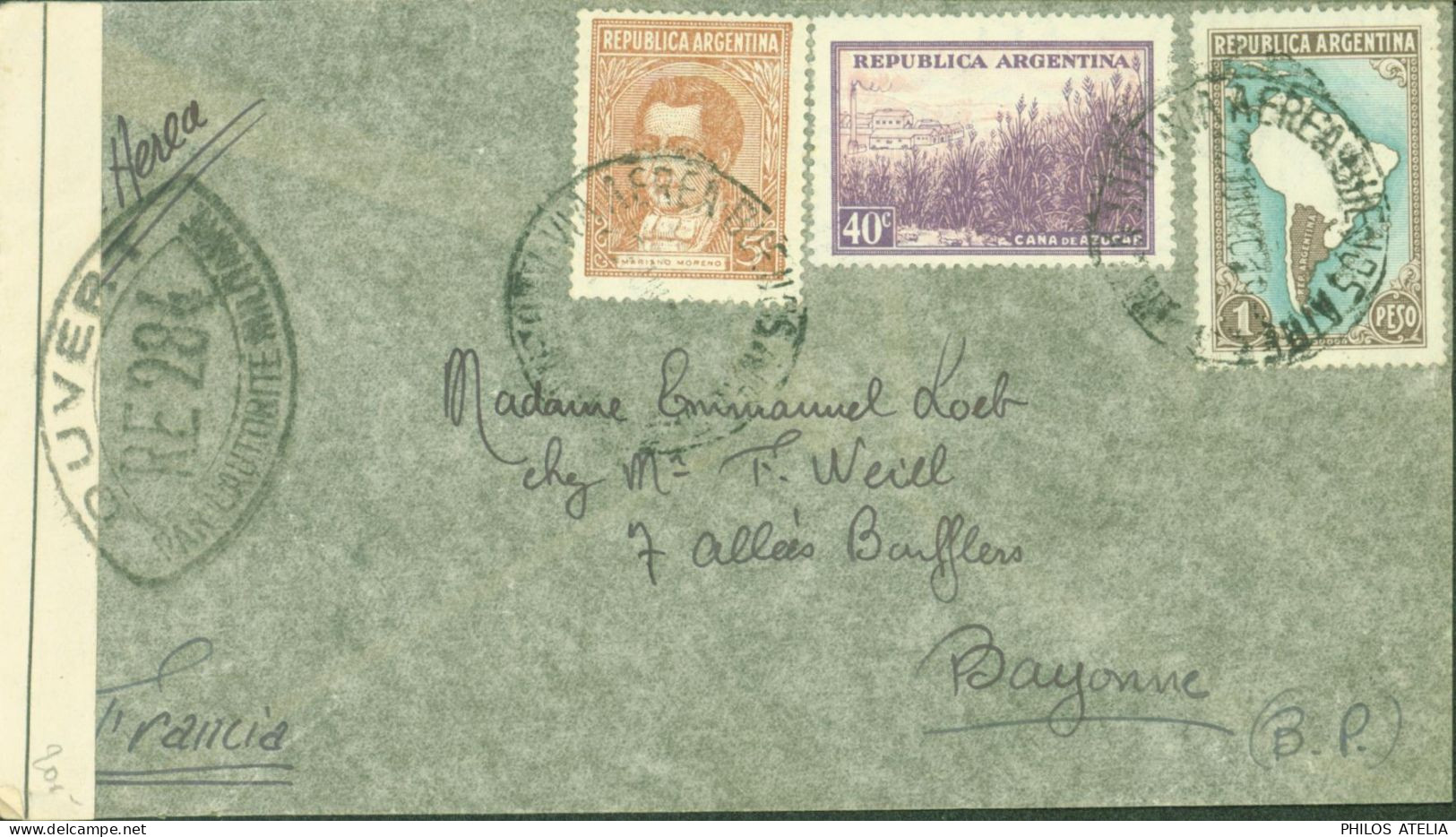 Guerre 40 Lettre D'Argentine YT N°368 378 380 CAD Area Buenos Aires 22 JUN 40 Censure France Cachet RE 284 = Pau - 2. Weltkrieg 1939-1945