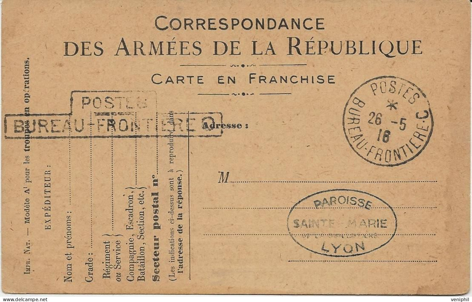 ENTIER POSTAL CARTE DE FRANCHISE CAD BUREAU FRONTIERE C POSTES 28-5-1918 - - Guerre De 1914-18