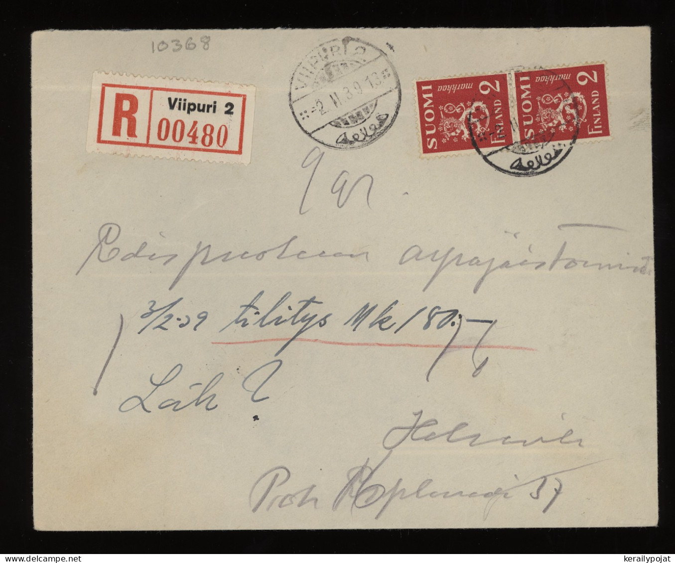 Finland 1939 Viipuri 2 Registered Cover__(10368) - Covers & Documents