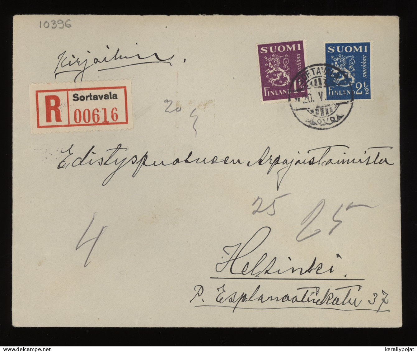 Finland 1939 Sortavala Registered Cover__(10396) - Briefe U. Dokumente