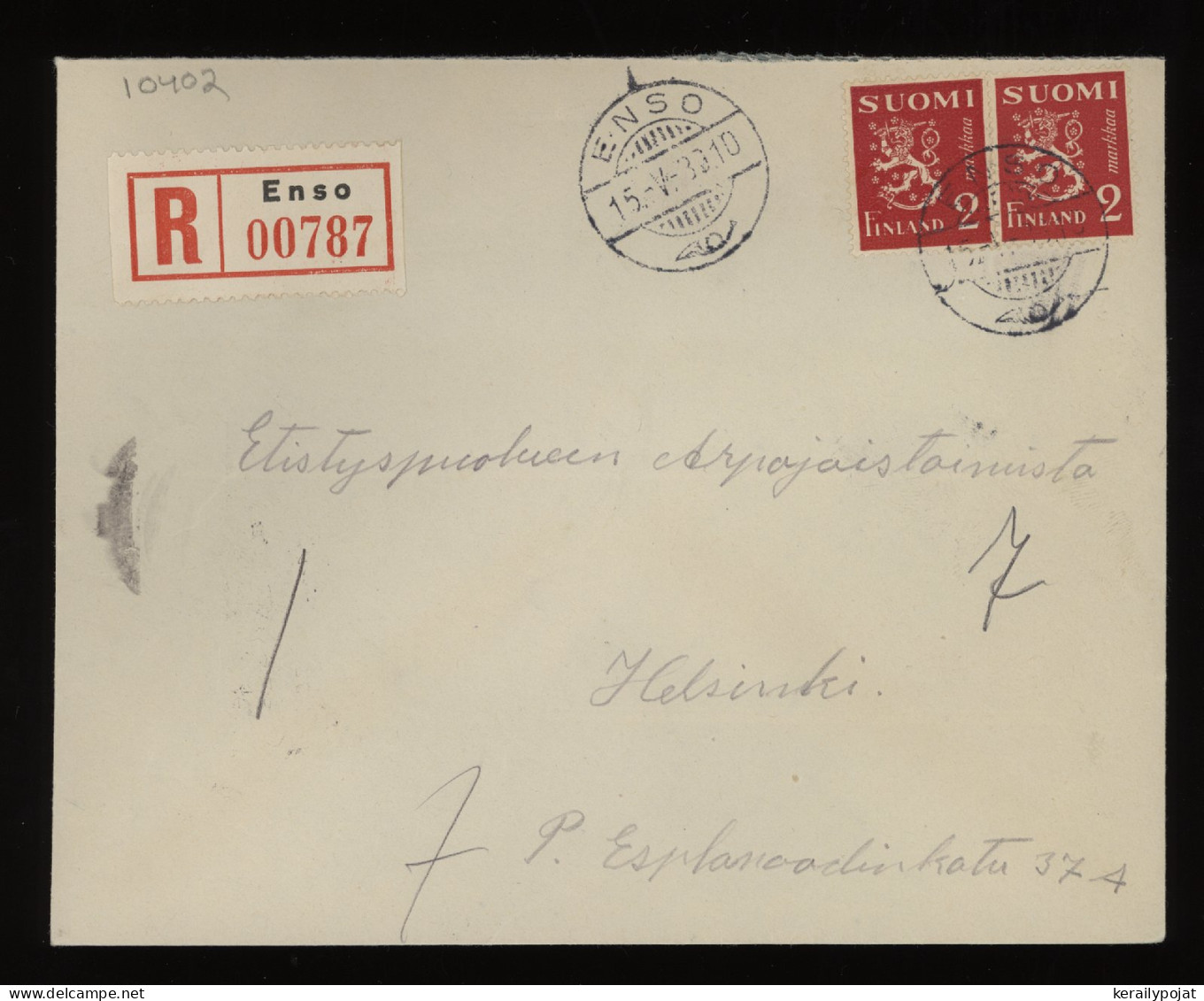 Finland 1939 Enso Registered Cover__(10402) - Cartas & Documentos