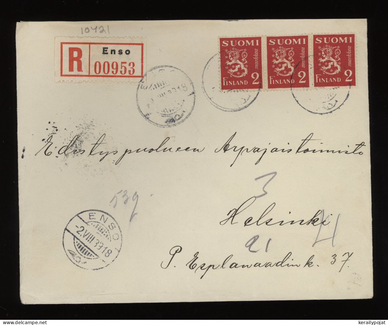 Finland 1939 Enso Registered Cover__(10421) - Lettres & Documents
