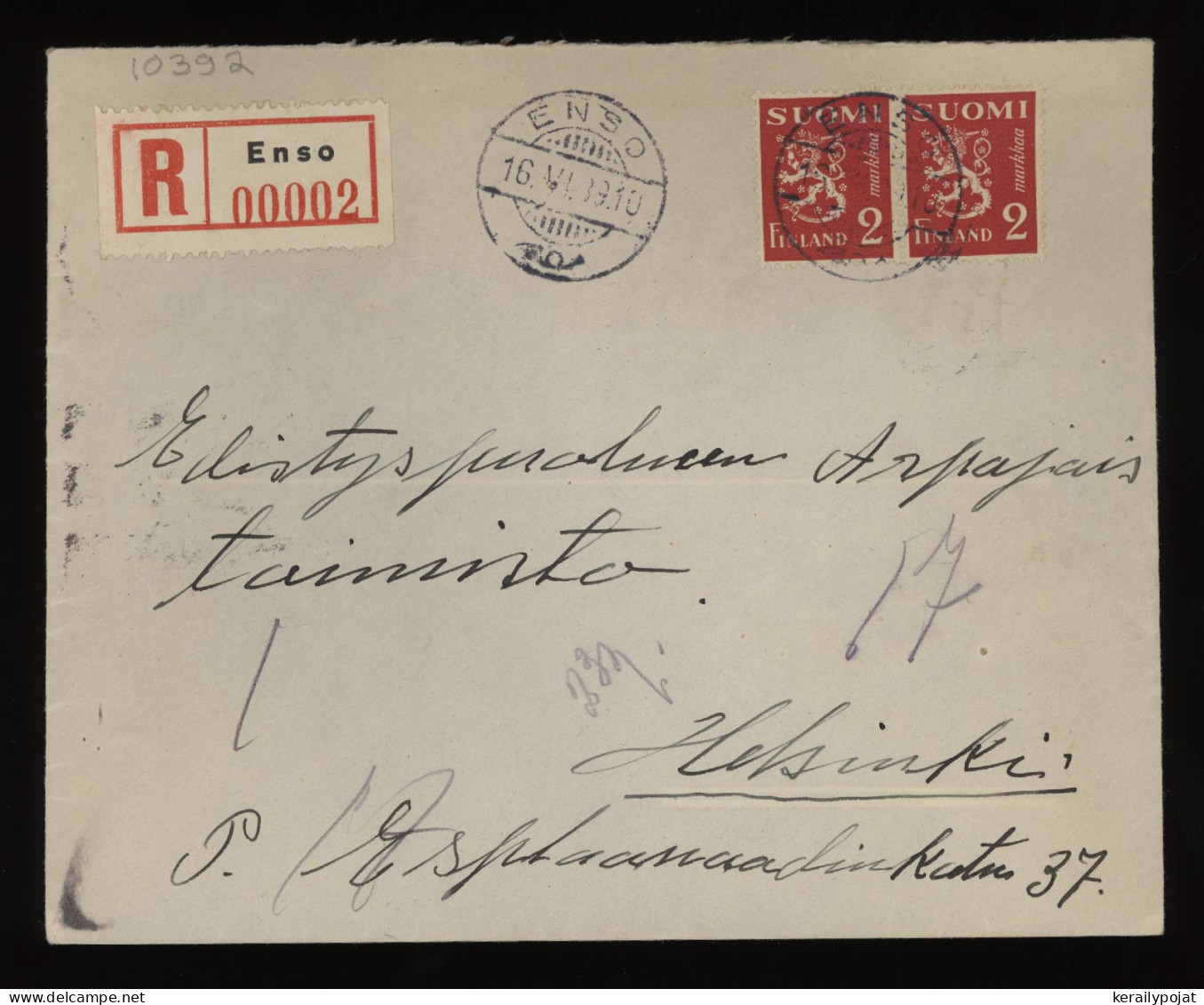 Finland 1939 Enso Registered Cover__(10392) - Cartas & Documentos