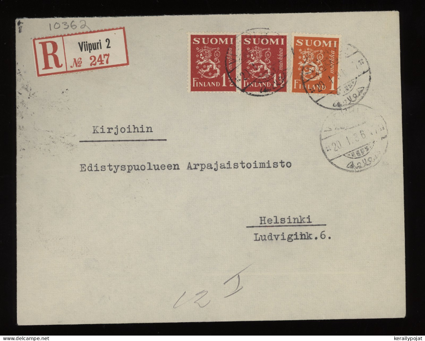 Finland 1936 Viipuri 2 Registered Cover__(10362) - Briefe U. Dokumente