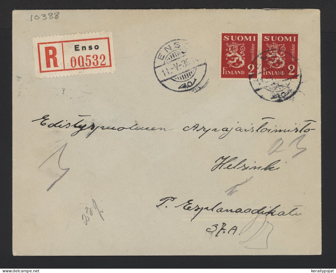 Finland 1939 Enso Registered Cover__(10388) - Lettres & Documents