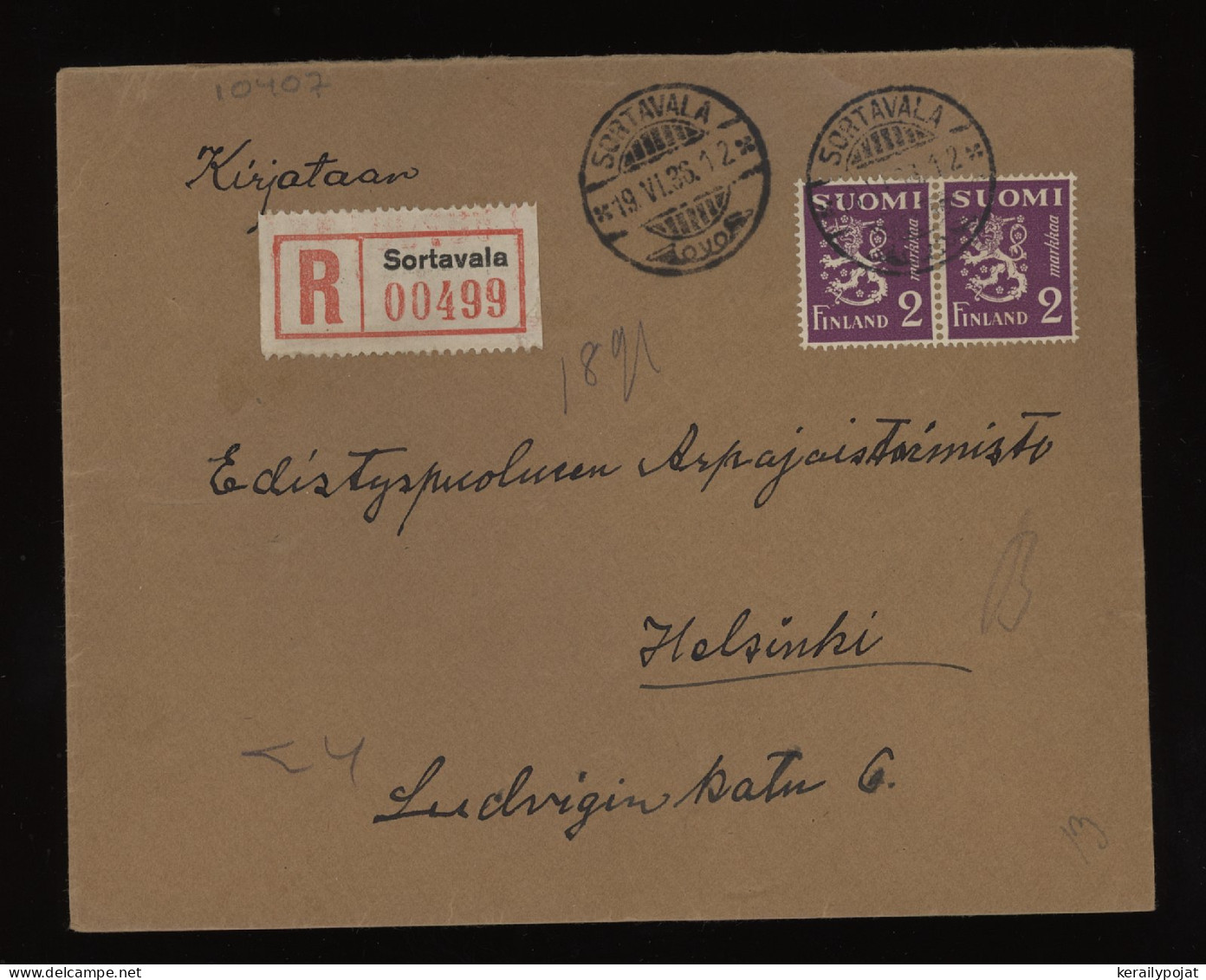 Finland 1936 Sortavala Registered Cover__(10407) - Brieven En Documenten