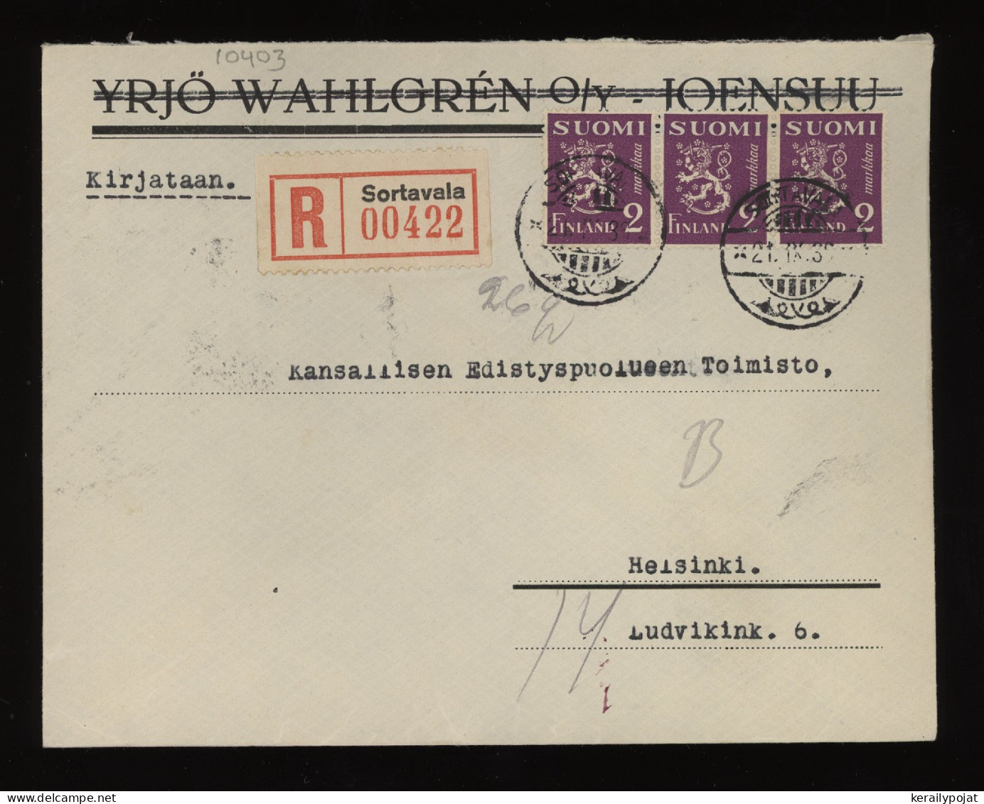 Finland 1936 Sortavala Registered Cover__(10403) - Brieven En Documenten