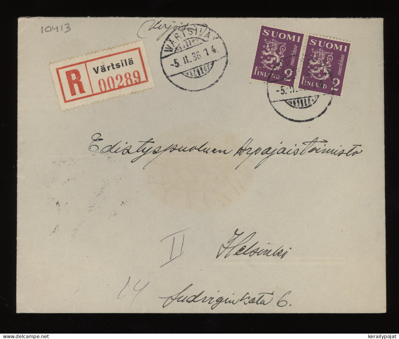 Finland 1936 Värtsilä Registered Cover__(10413) - Storia Postale