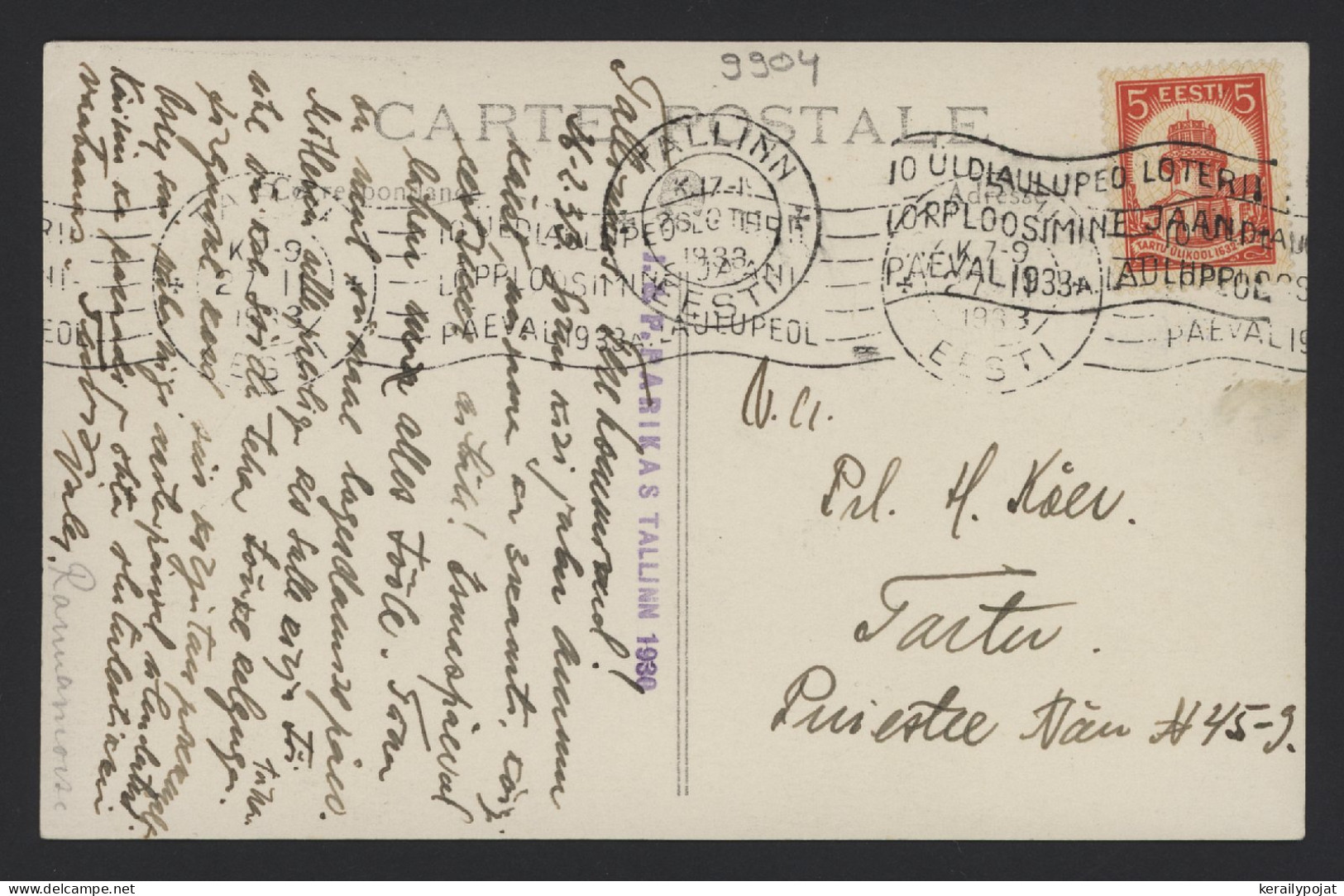 Estonia 1933 Slogan Cancellation Postcard To Tartu__(9904) - Estonie