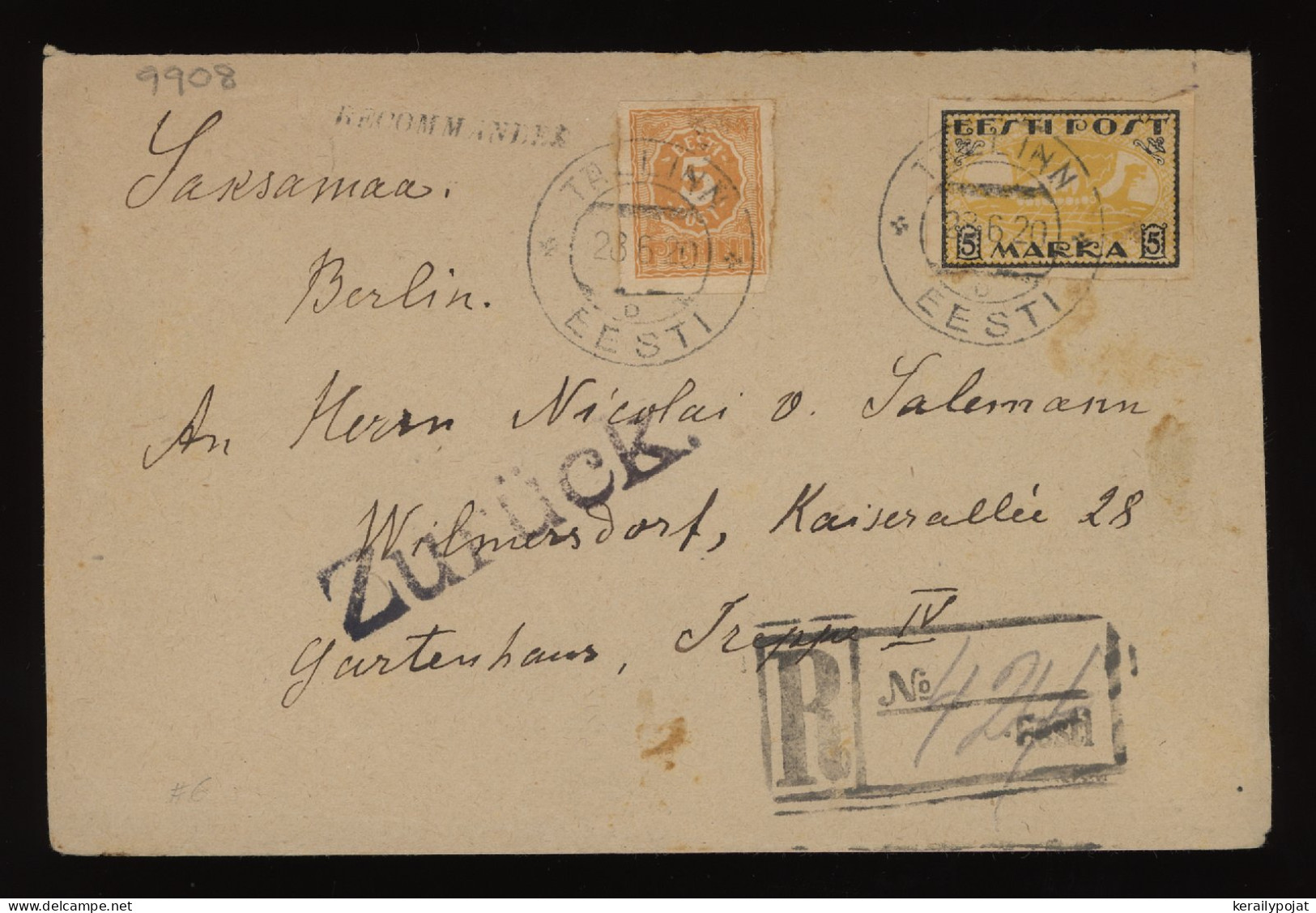 Estonia 1920 Tallinn Registered Cover To Germany__(9908) - Estonie