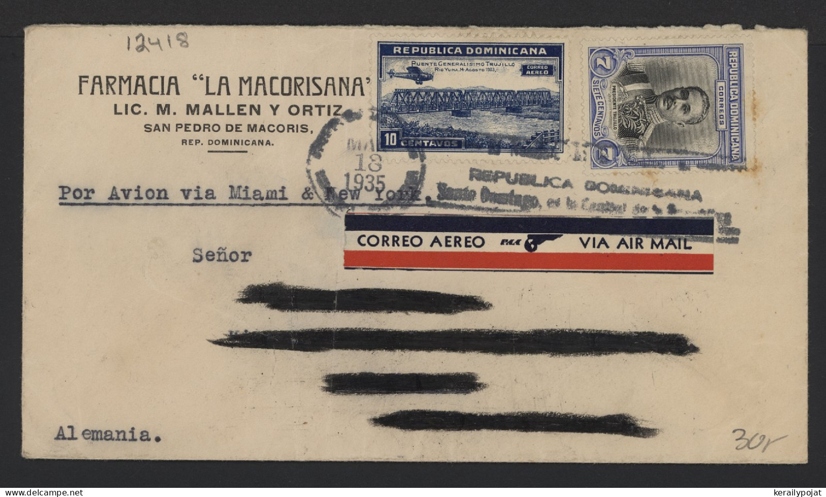 Dominican 1935 San Perdo Air Mail Cover To USA__(12418) - Dominican Republic