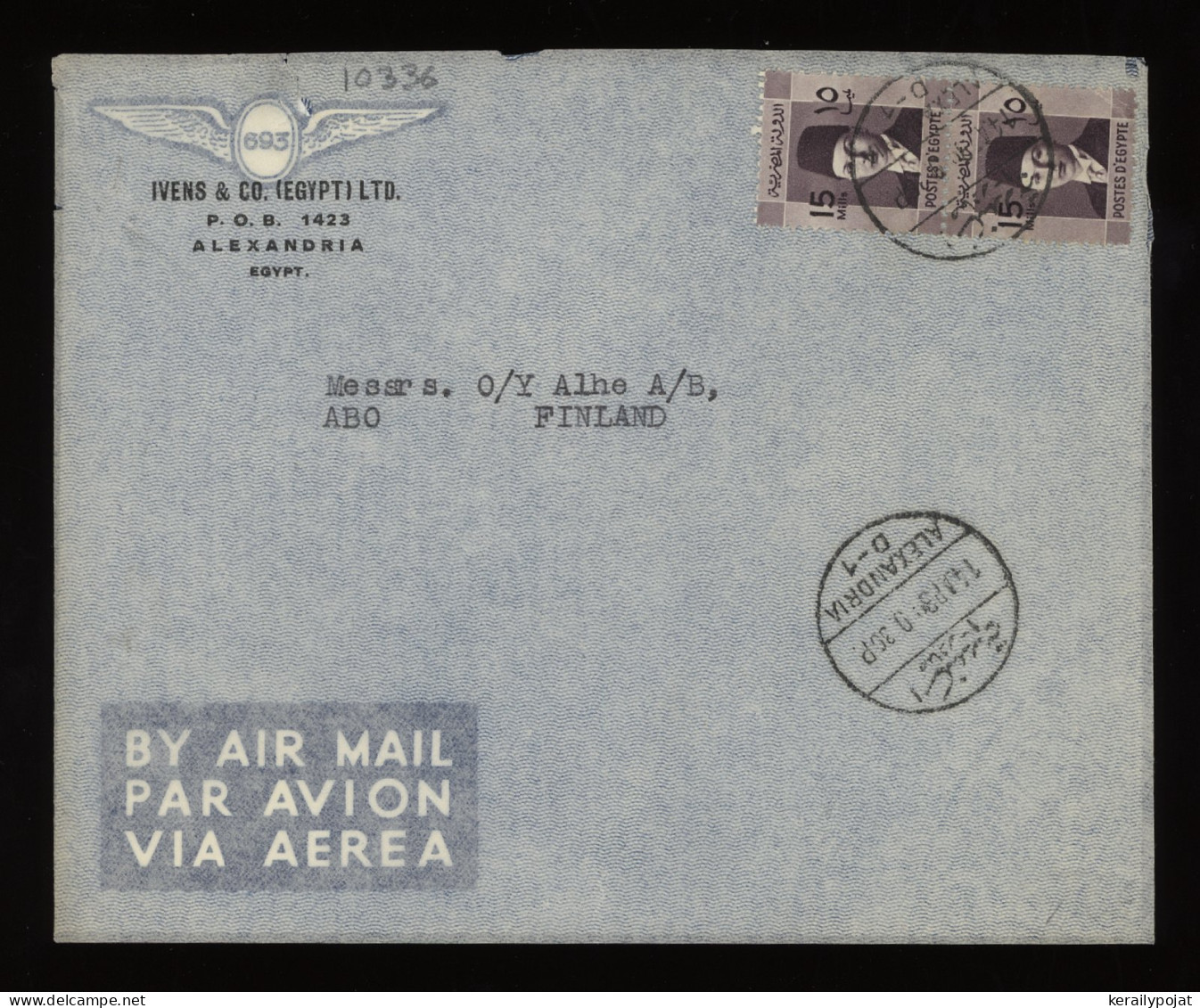 Egypt 1939 Alexandria Air Mail Cover To Finland__(10336) - Posta Aerea