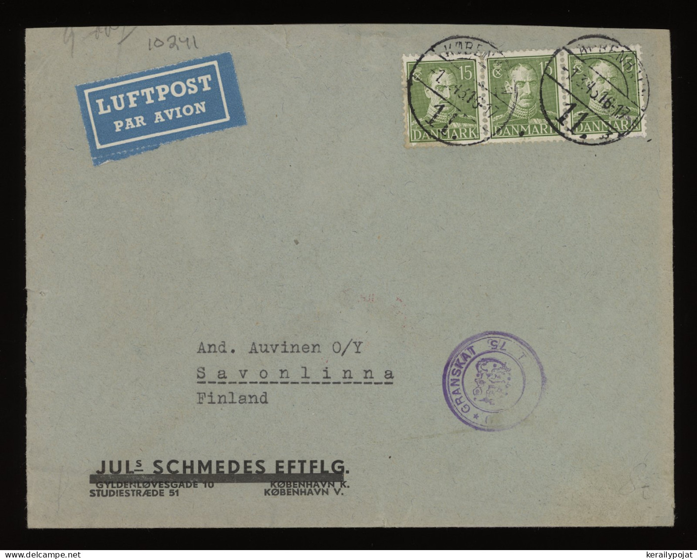 Denmark 1943 Köbenhavn Censored Air Mail Cover To Finland__(10241) - Luchtpostzegels