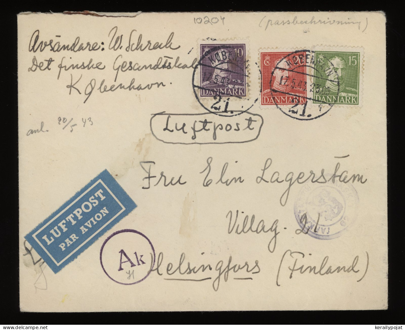 Denmark 1943 Köbenhavn Censored Air Mail Cover To Finland__(10204) - Luftpost