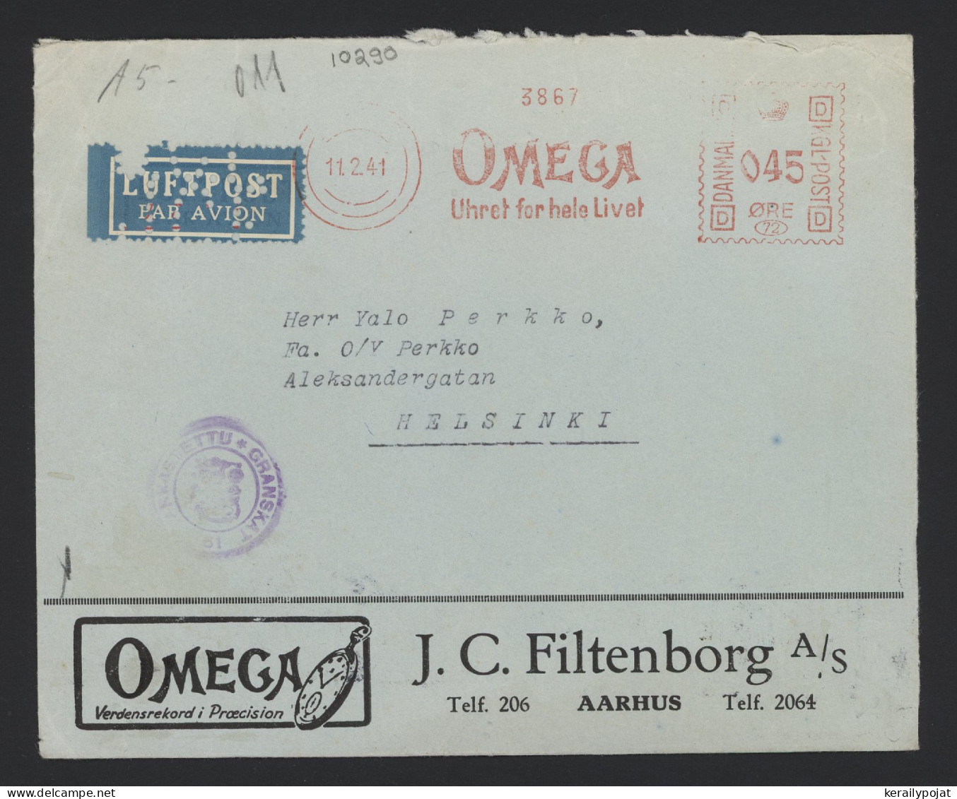 Denmark 1941 Aarhus Censored Business Cover To Finland__(10290) - Briefe U. Dokumente