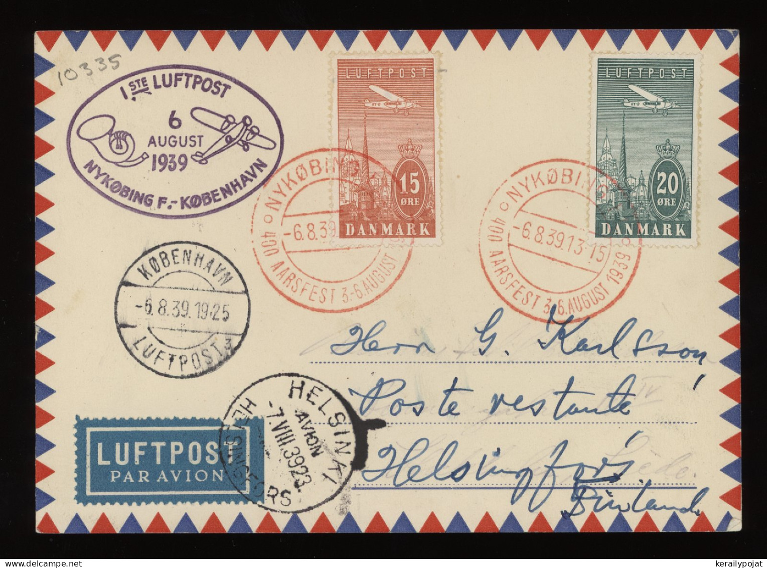 Denmark 1939 Nykköping Air Mail Card To Finland__(10335) - Briefe U. Dokumente