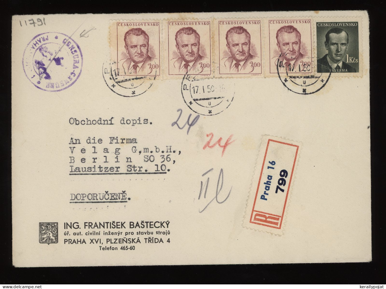 Czechoslovakia 1950 Praha 16 Censored Registered Cover To Berlin__(11791) - Lettres & Documents