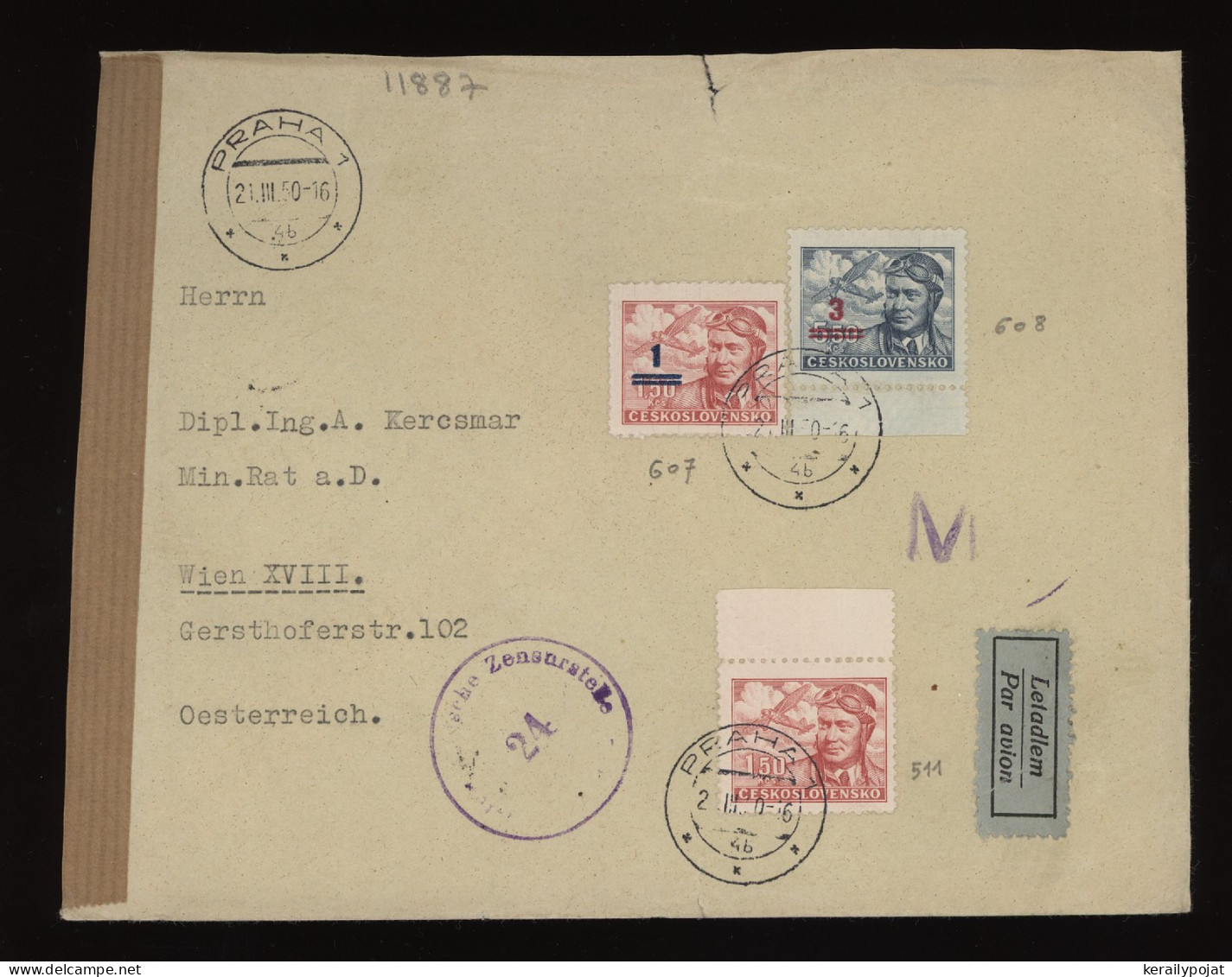 Czechoslovakia 1950 Praha Censored Air Mail Cover To Austria__(11887) - Luchtpost