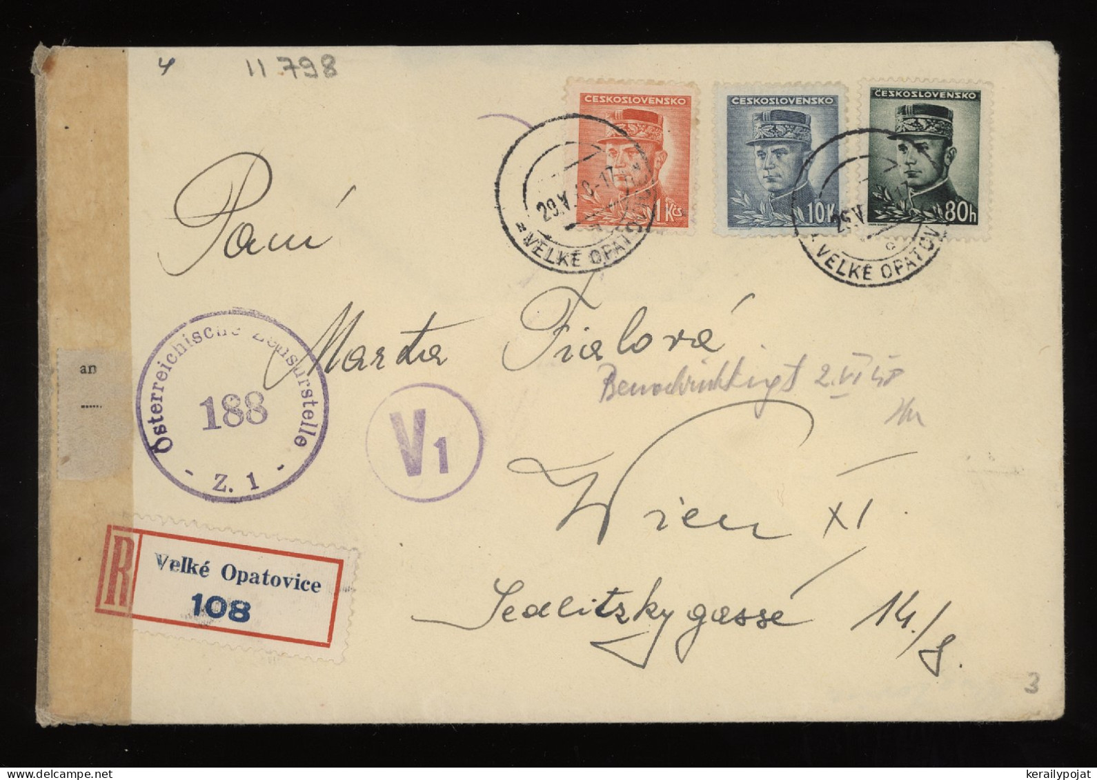 Czechoslovakia 1948 Velke Opatovice Censored Registered Cover To Wien__(11798) - Lettres & Documents